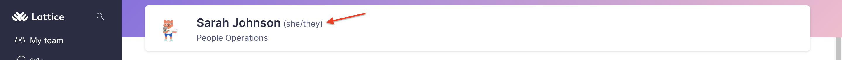 Lattice profile header for Sarah Johnson. An arrow points to the pronouns she/they