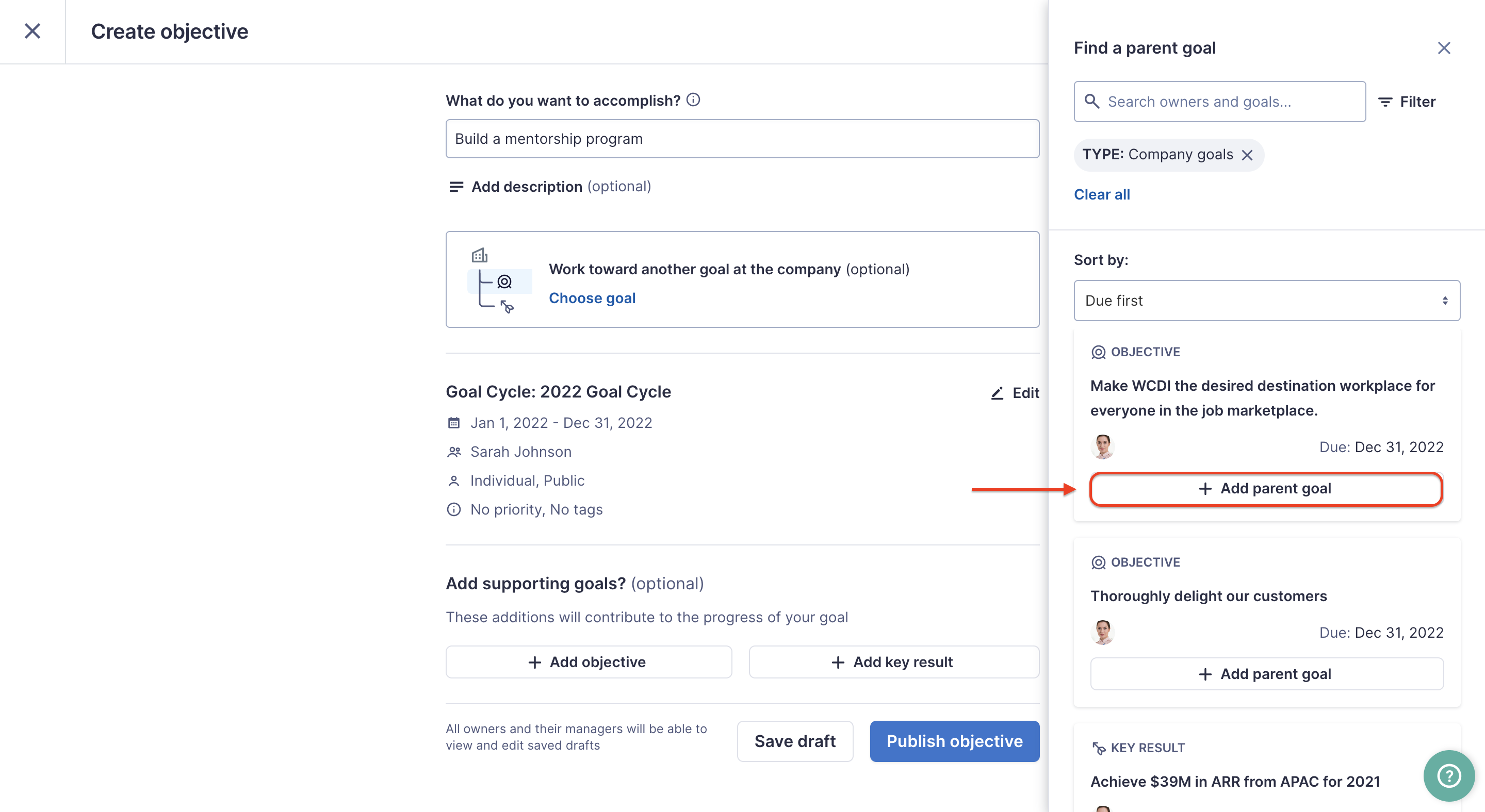 Image of Lattie Goals creation page with a red square and arrow highlighting the Add parent goal button