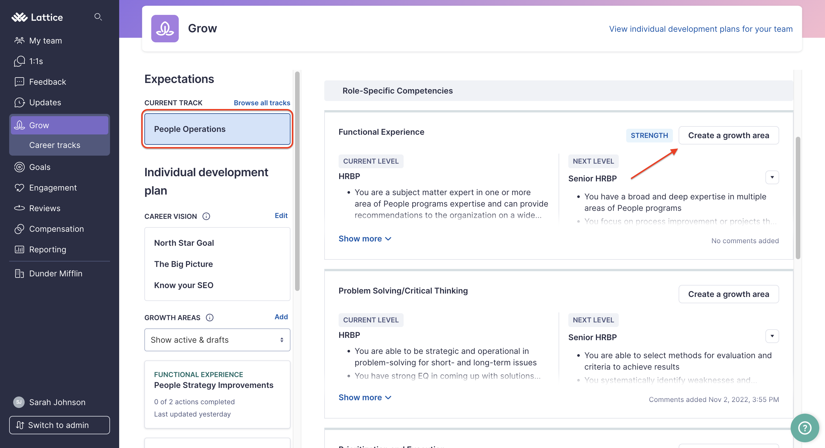 An example of an employee's individual development plan open to the track's expectations and competenies. A square highlights the Current Track selected, People Operations. An arrow points to the button Add as a growth area.