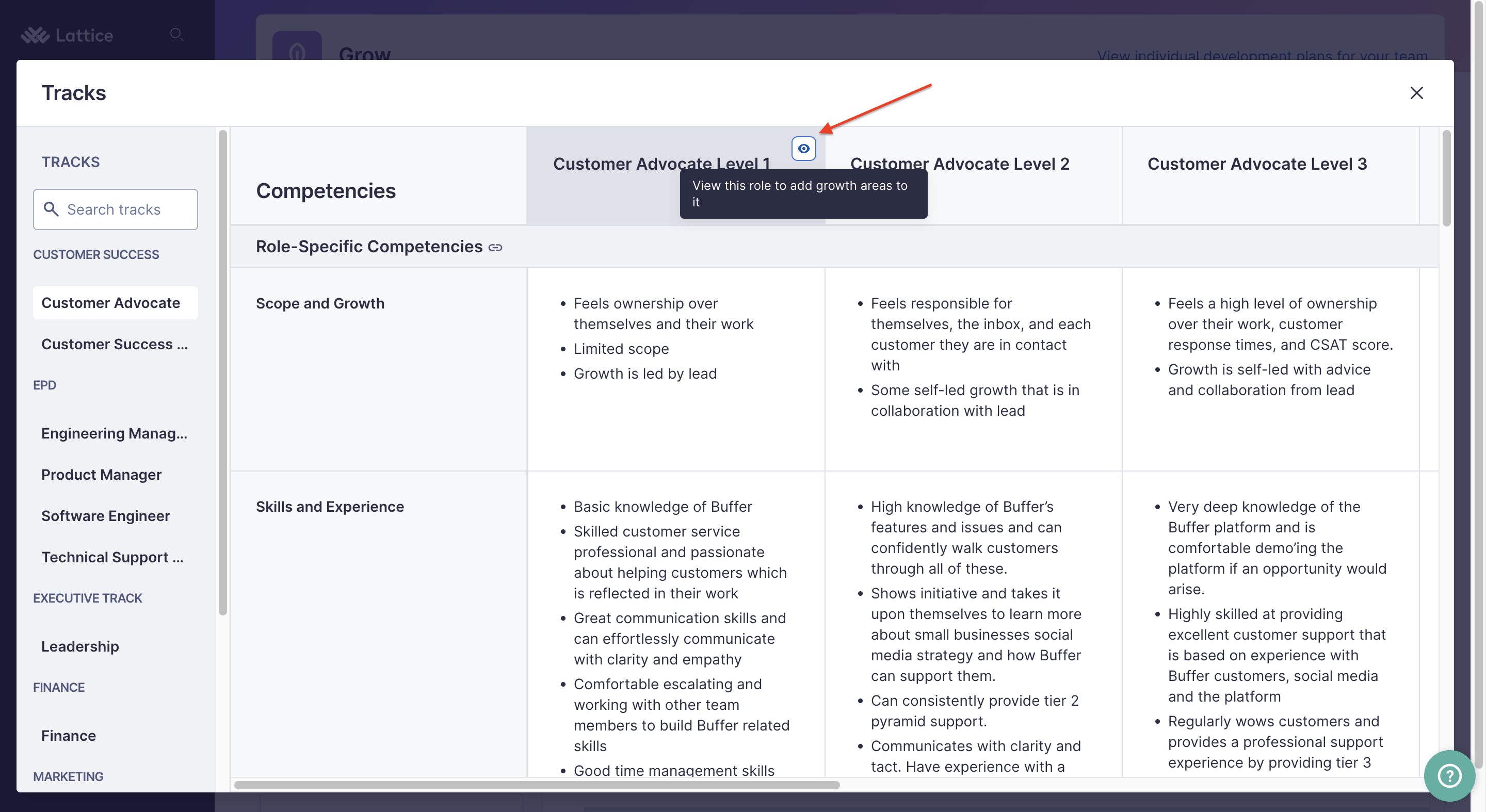 View of a track matrix. An arrow points to the eye icon next to the job level Customer Advocate Level 1.