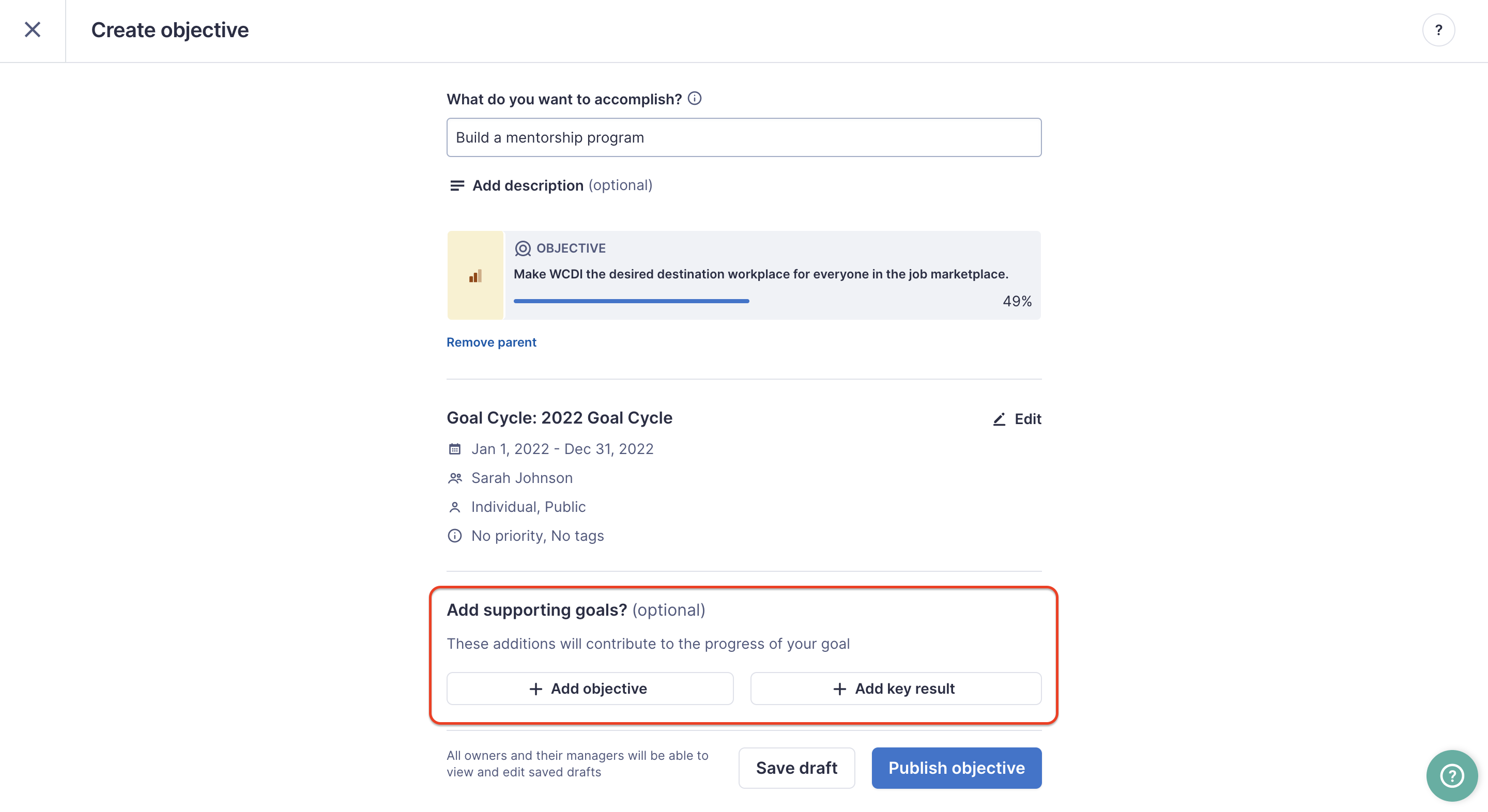 Image of Lattice Goals creation page where a red square highlights the Add Objective and Add Key Result button
