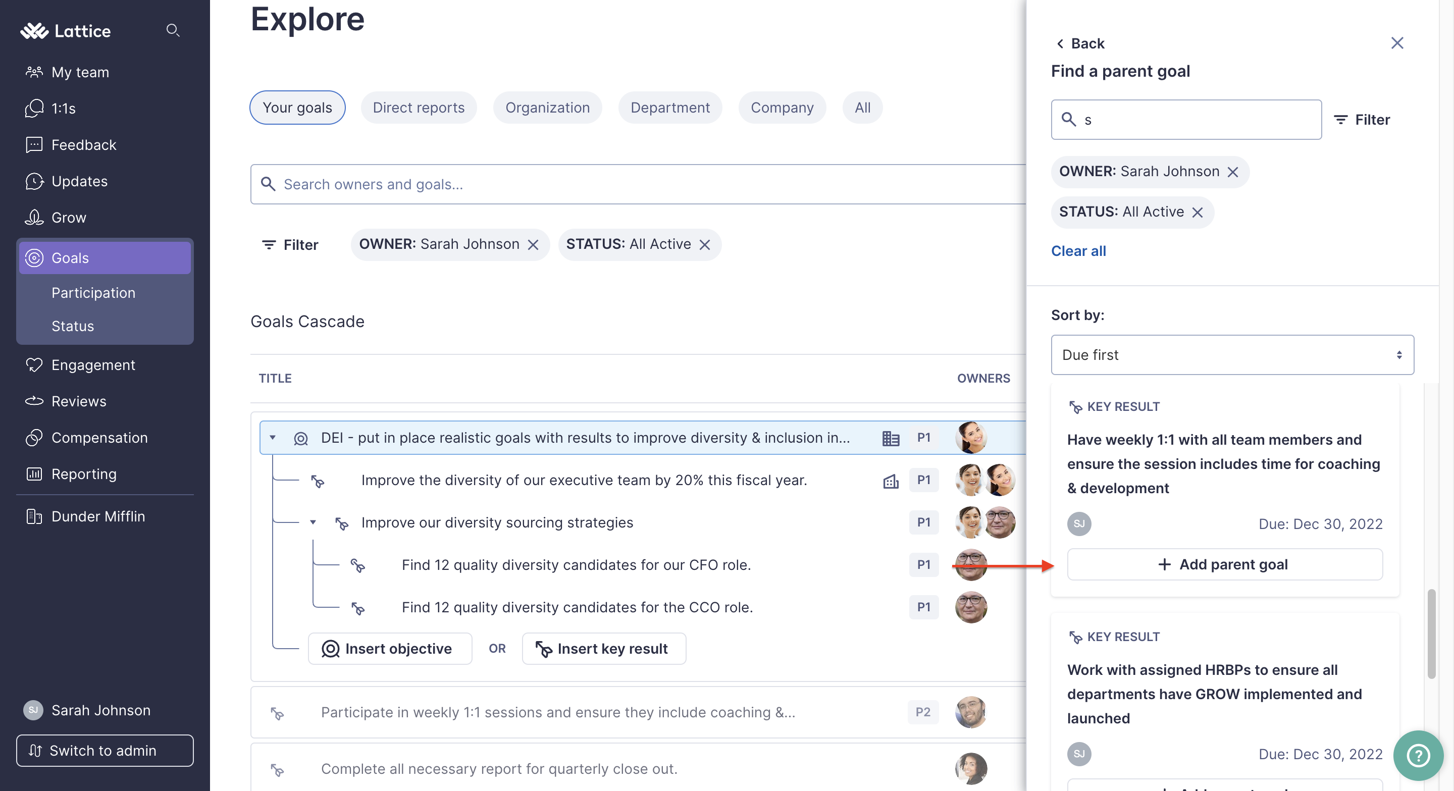 Image of Goals Explore page. A goal is selected to open the right-hand context panel. An arrow points to the Add parent goal button within the review context panel.