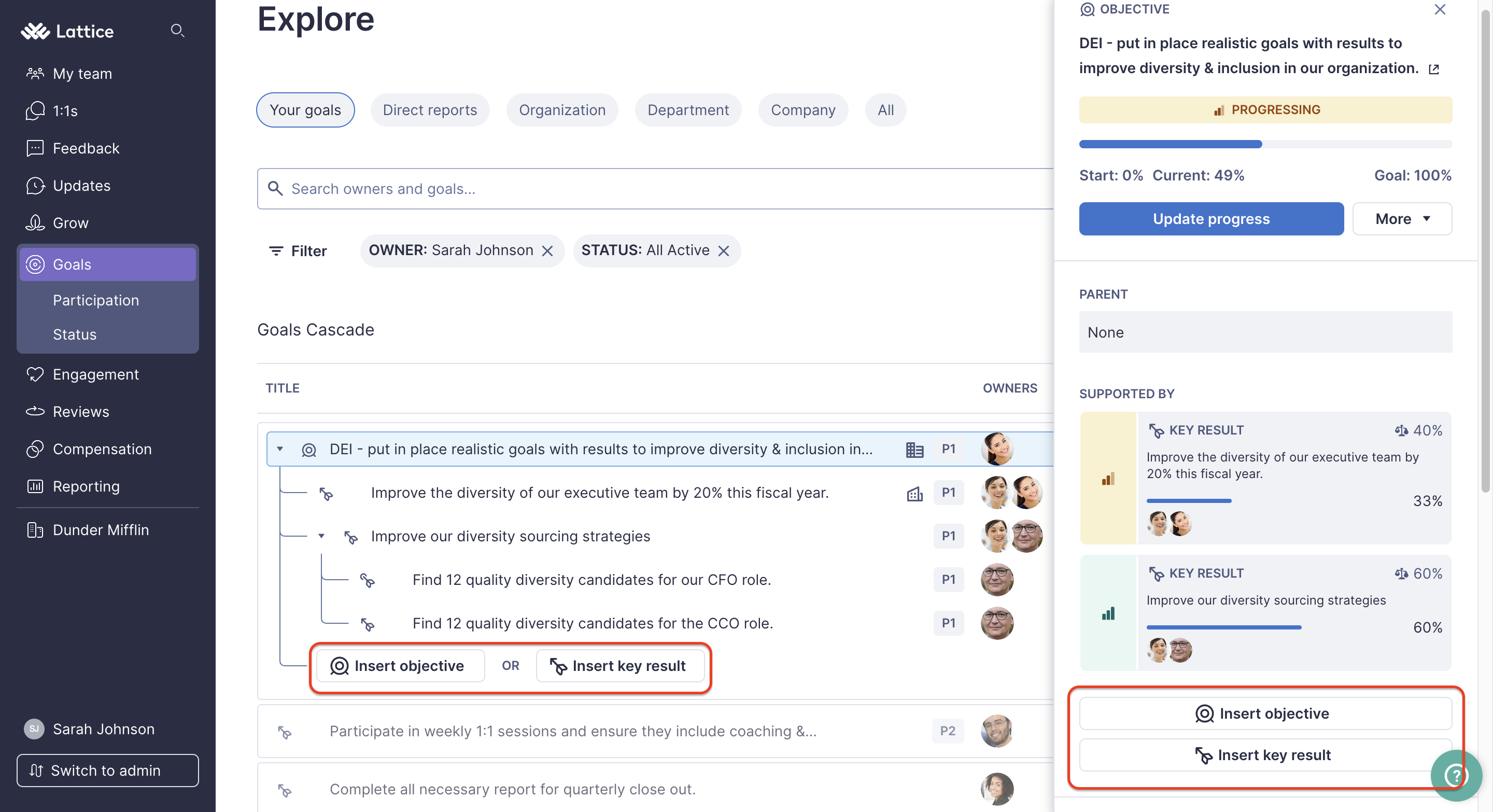 Image of Goals Explore page. A goal is selected to open the righthand context panel. A square highlights the Insert Objective and Insert Key Results buttons in context panel and also the Goals Explore table.