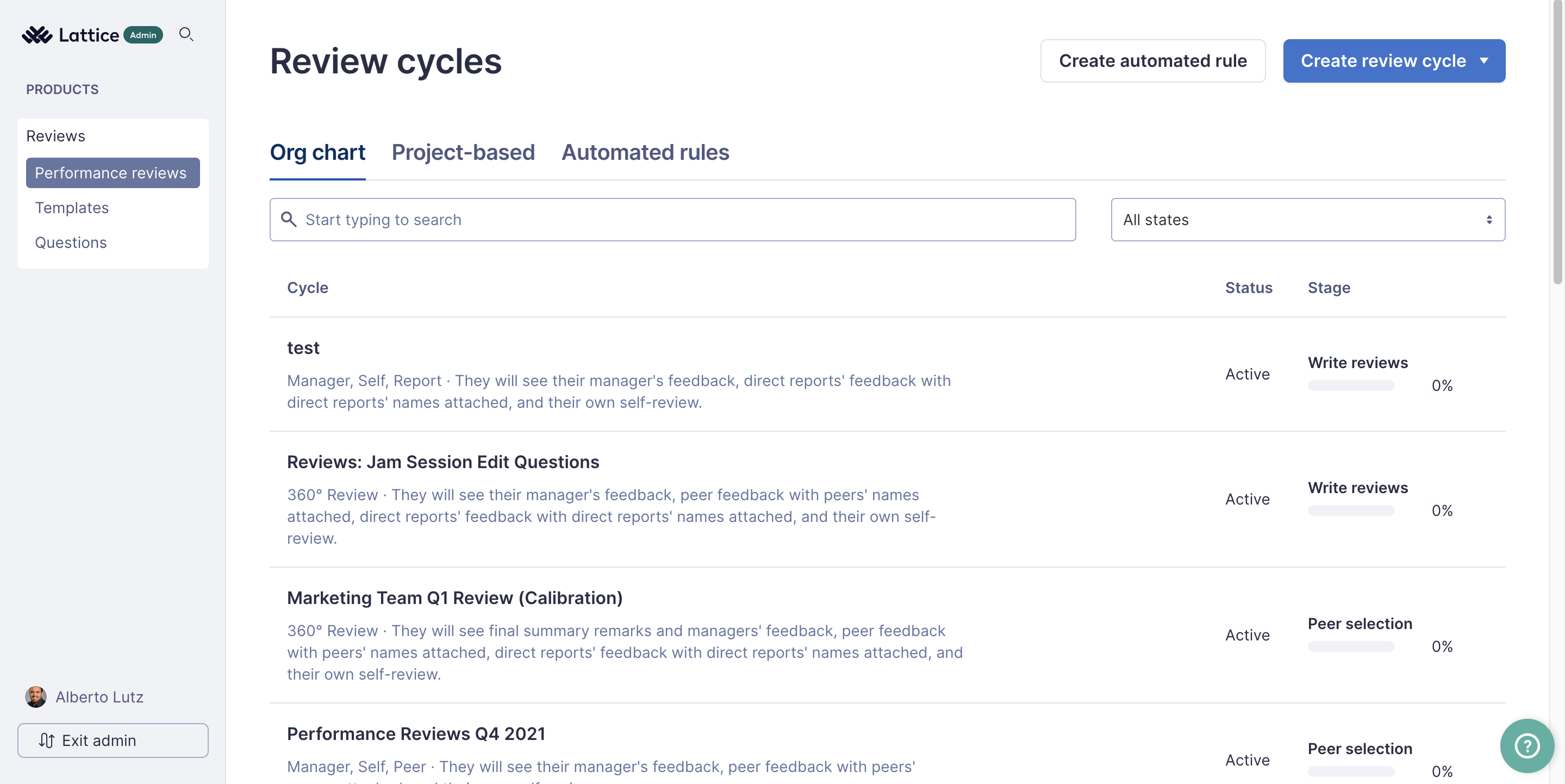 Admin view for a Reviews custom role owner. On the left navigation, a Reviews section could be seen with the Performance Reviews, Templates, and Questions subpages seen. The image is open to the Performance Reviews page where a list of review cycles can be seen.