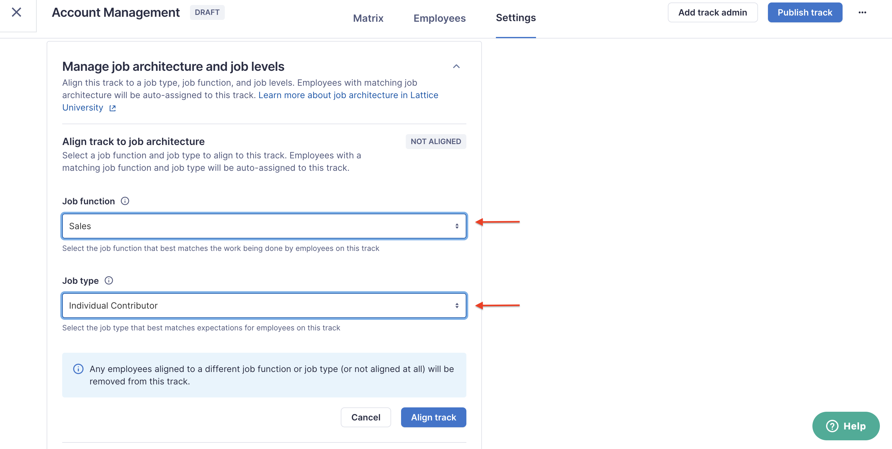 Image of job track settings where the Job function and Job type dropdowns are highlighted by a red arrow
