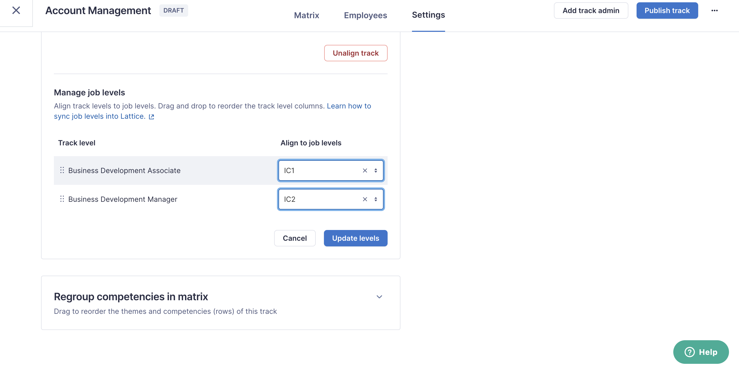 Image of job track settings where the Manage job levels section is expanded for visibility