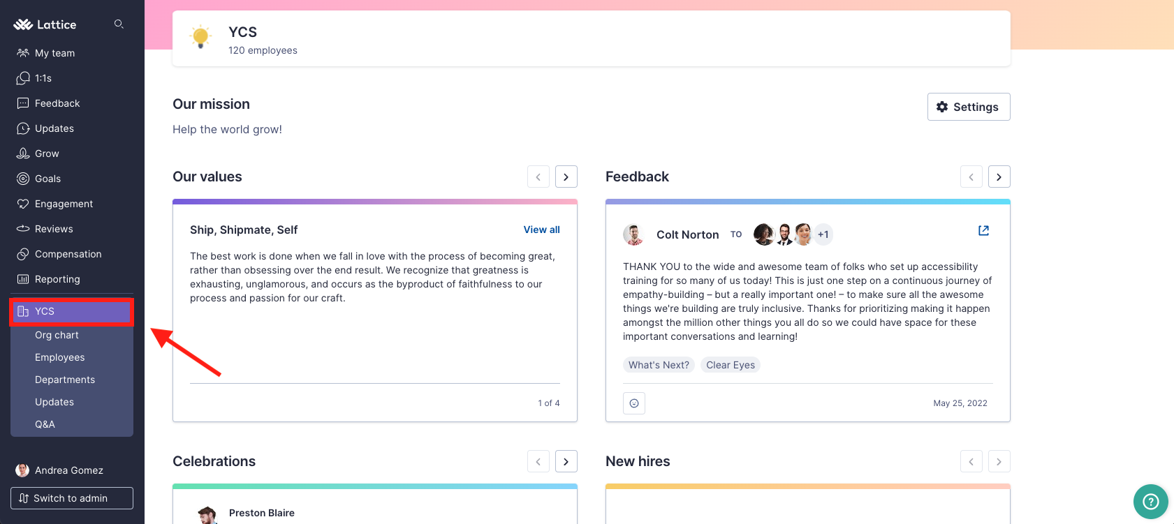 The Company page. An arrow point to the example company name within the navigation.