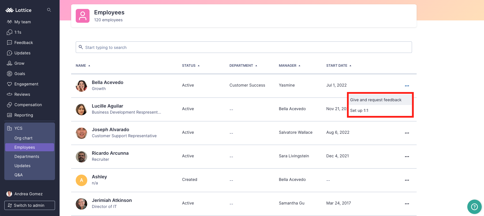 The employee page where a list of example employees can be seen. The ellipsis menu for an employee is opened and contains options to set up a 1:1 or give feedback.