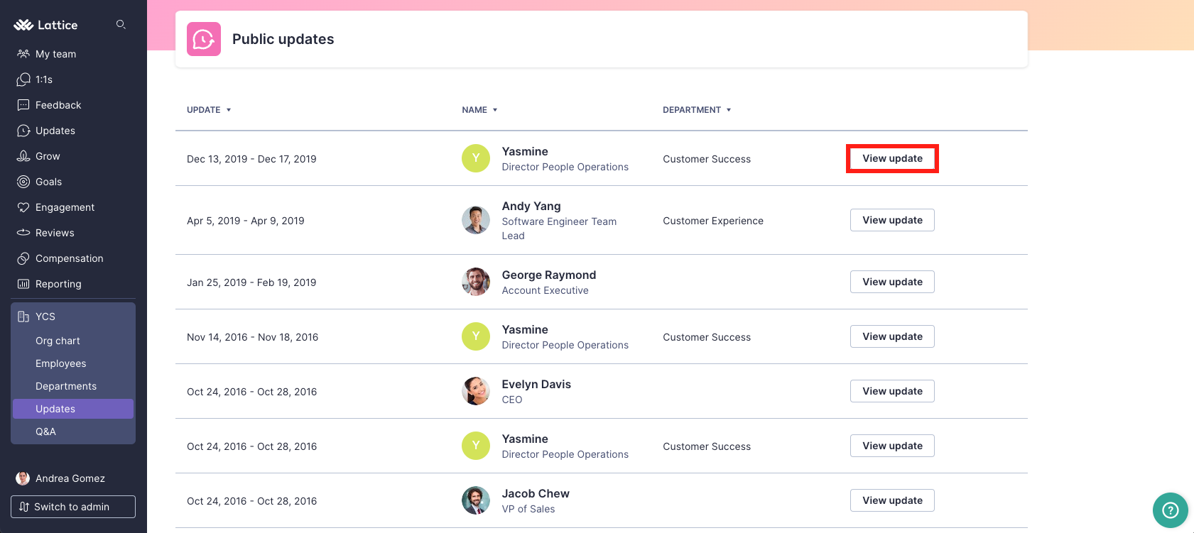 The updates page where a list of submitted updates can be seen.