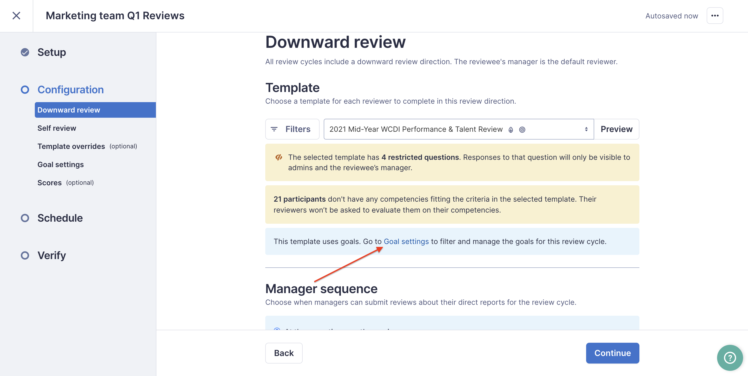 screenshot with an arrow pointing to the Goal Settings hyperlink.