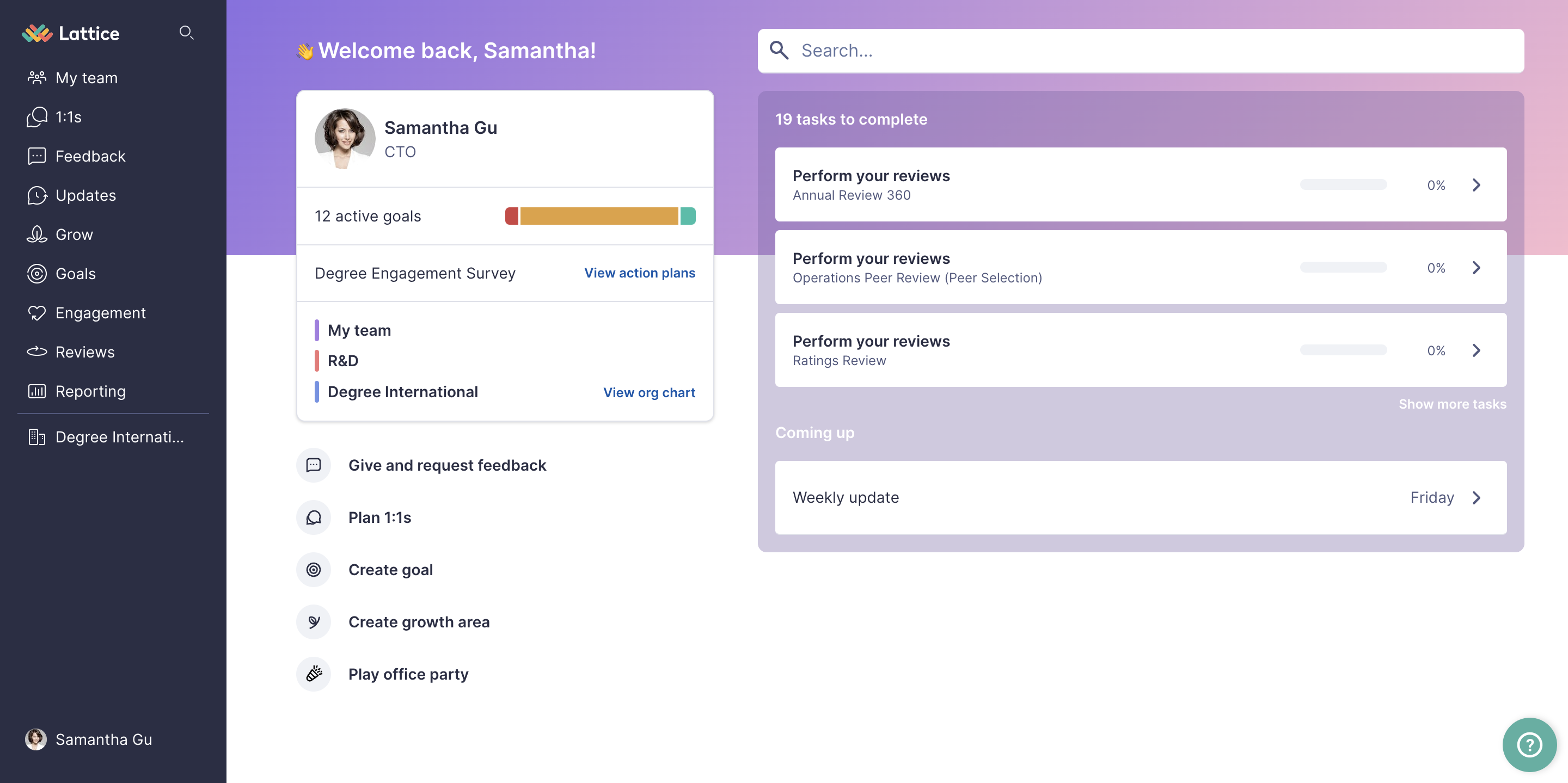 Image of the Home page for example user Samantha Gu. Home page includes a tasks on the right hand side. On the left hand side a profile card with user's name, role, number of active goals, and links to the team, company, and department page can be seen. A list of actions is shown below the profile card.