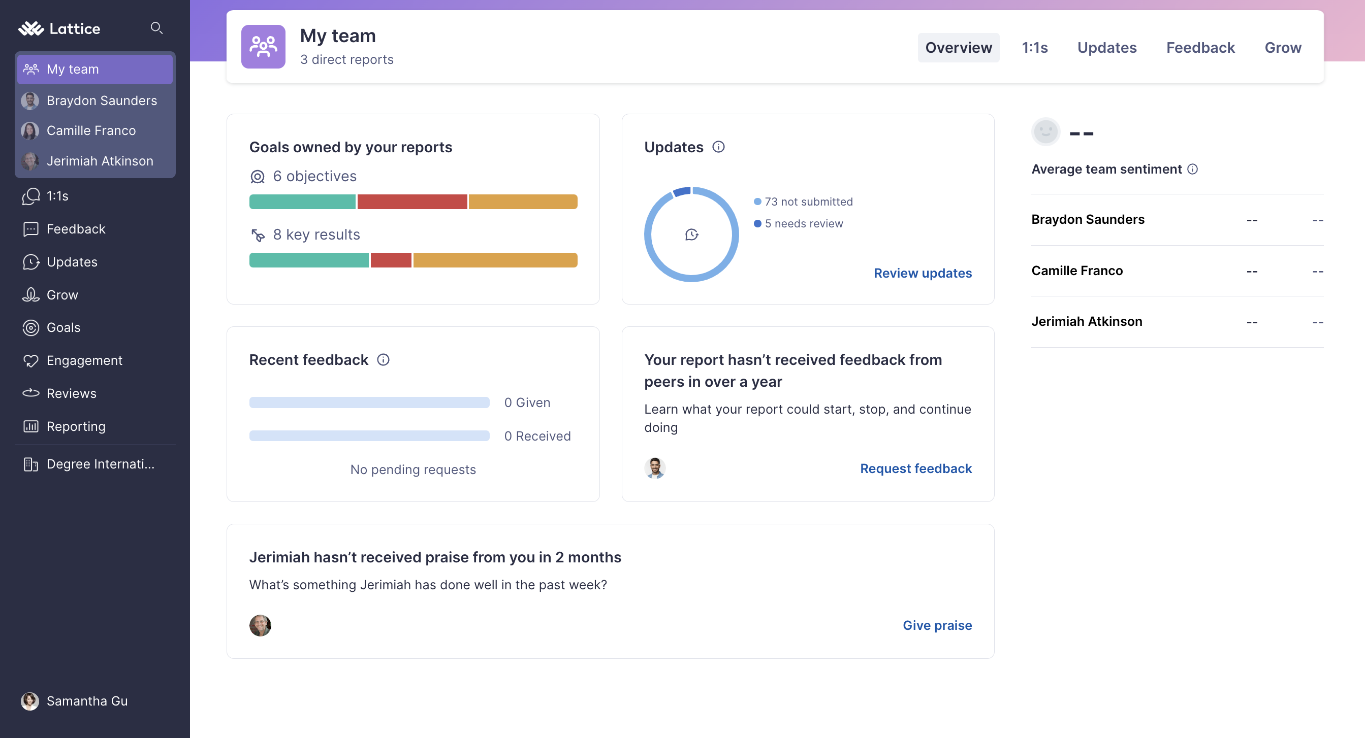 Image of the My Team page open to the Overview page. Five cards can be seen: Goals, Updates, Reccent feedback, Feedback nudge to request feedback, Feedback nudge to give praise. Average sentiment can be seen on the righthand side.