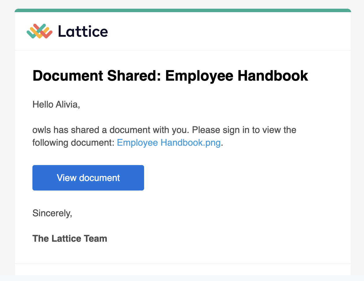 Screenshot of notification sent to users when a document is assigned