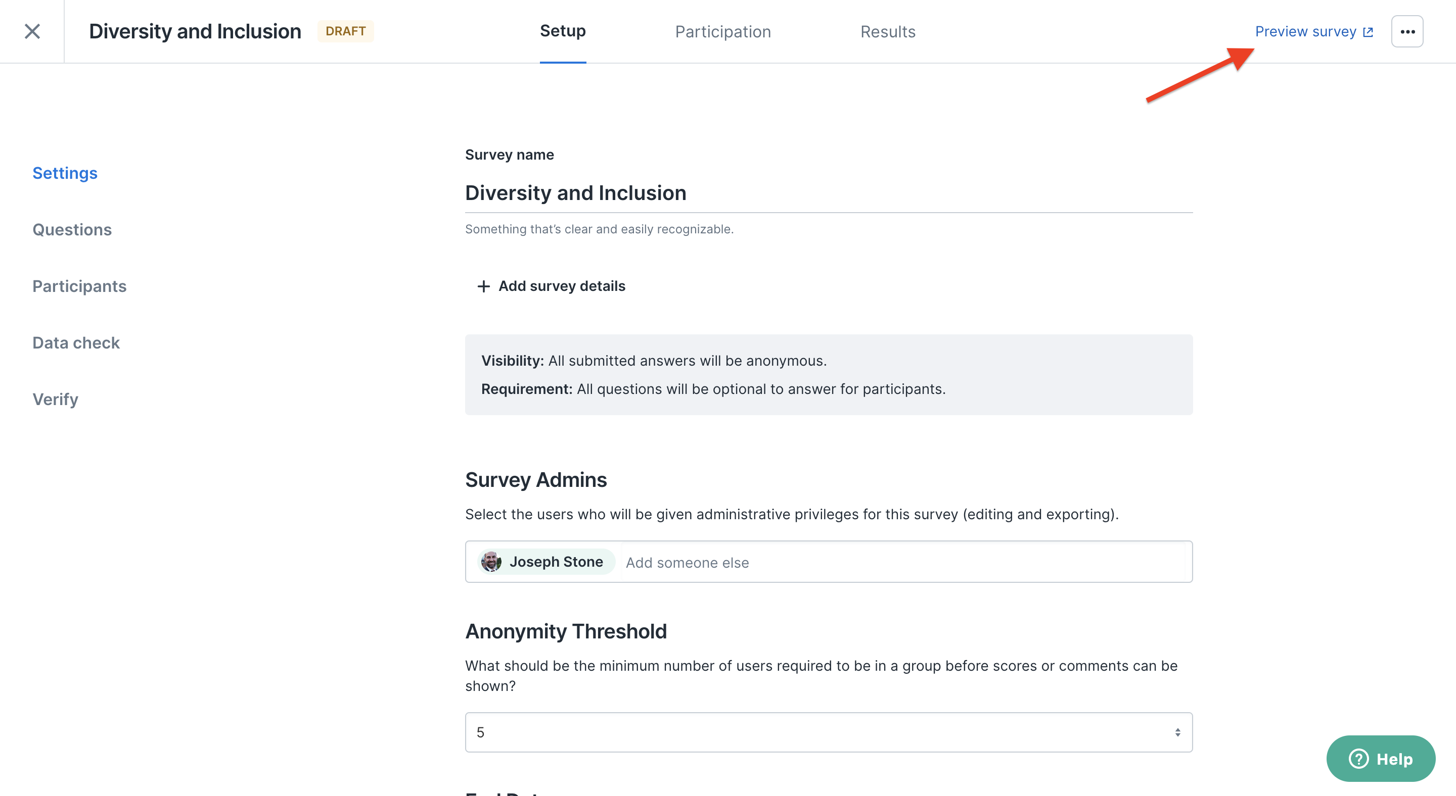Screen shot of the Preview survey button on the upper right hand side
