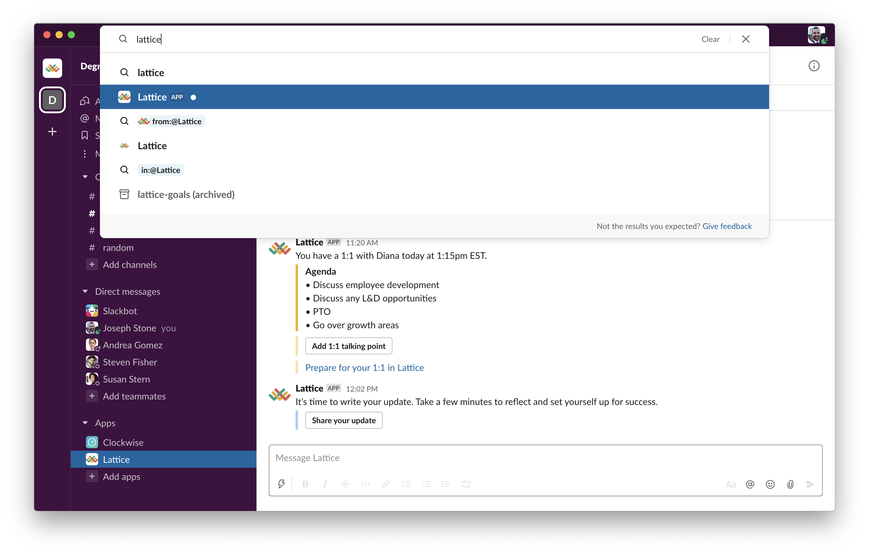 Slack desktop app. The search bar at the top of the app is open and the term 'Lattice' is typed in.