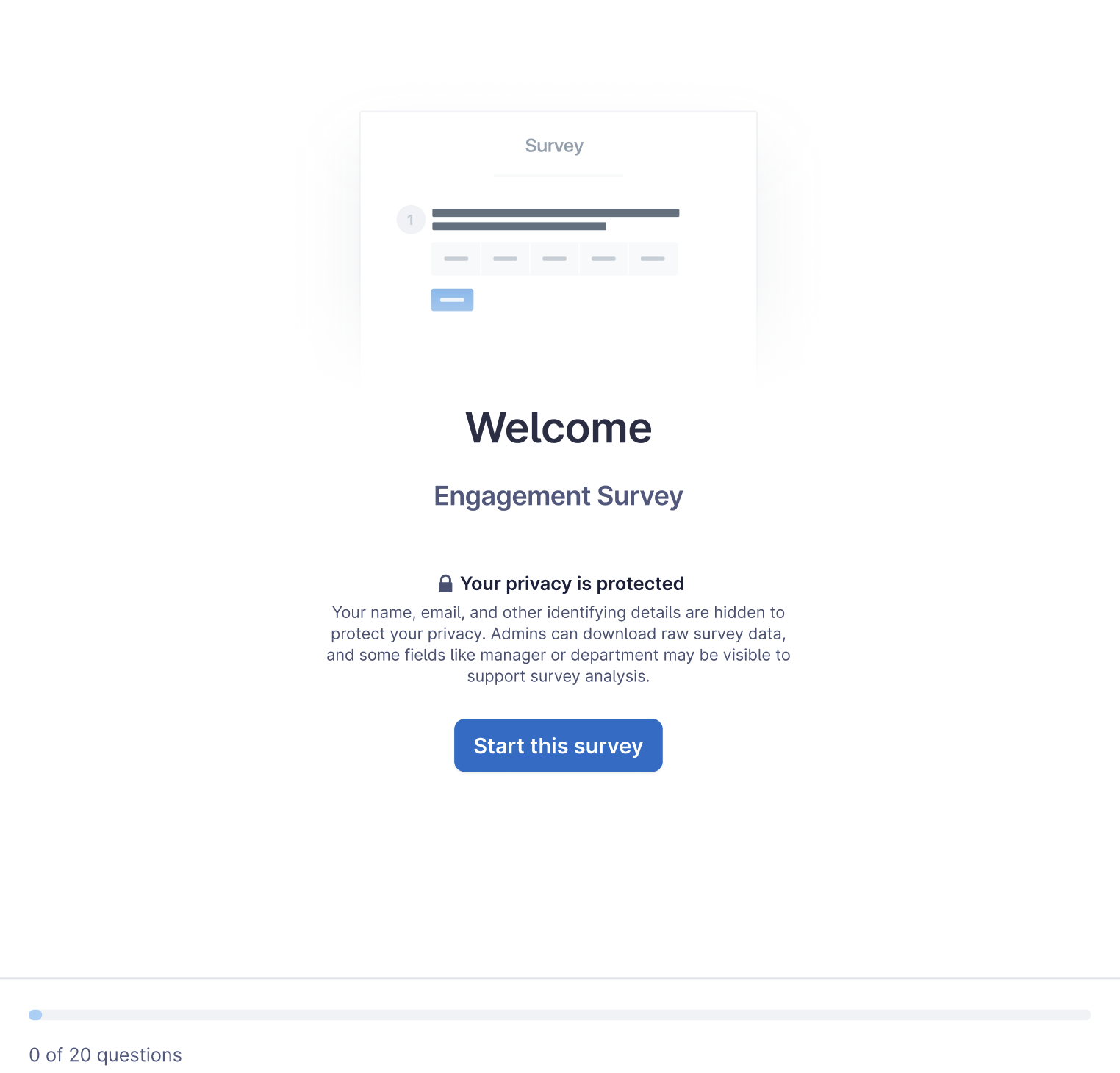 Screenshot of engagement survey welcome message for participants when the survey is anonymous with individual response exports enabled