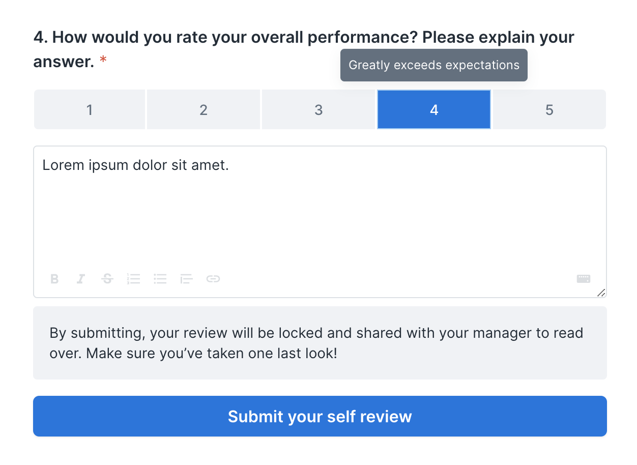 Screenshot showing the numeric rating scale with the hover text showing Greatly exceeds expectations