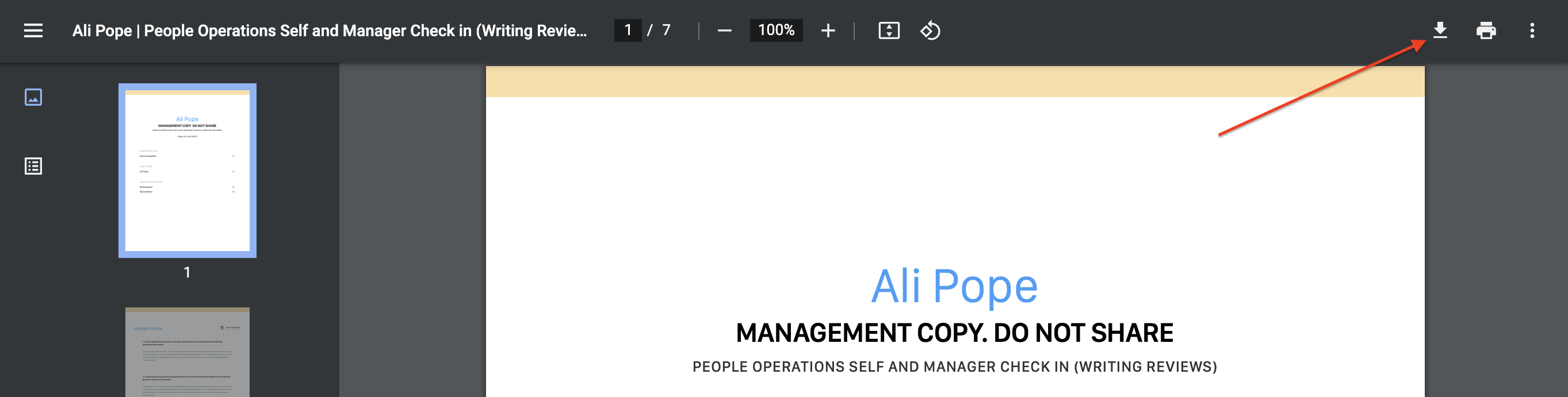Image of review packet PDF web version where a red arrow is pointing to the Download icon within the PDF web viewer