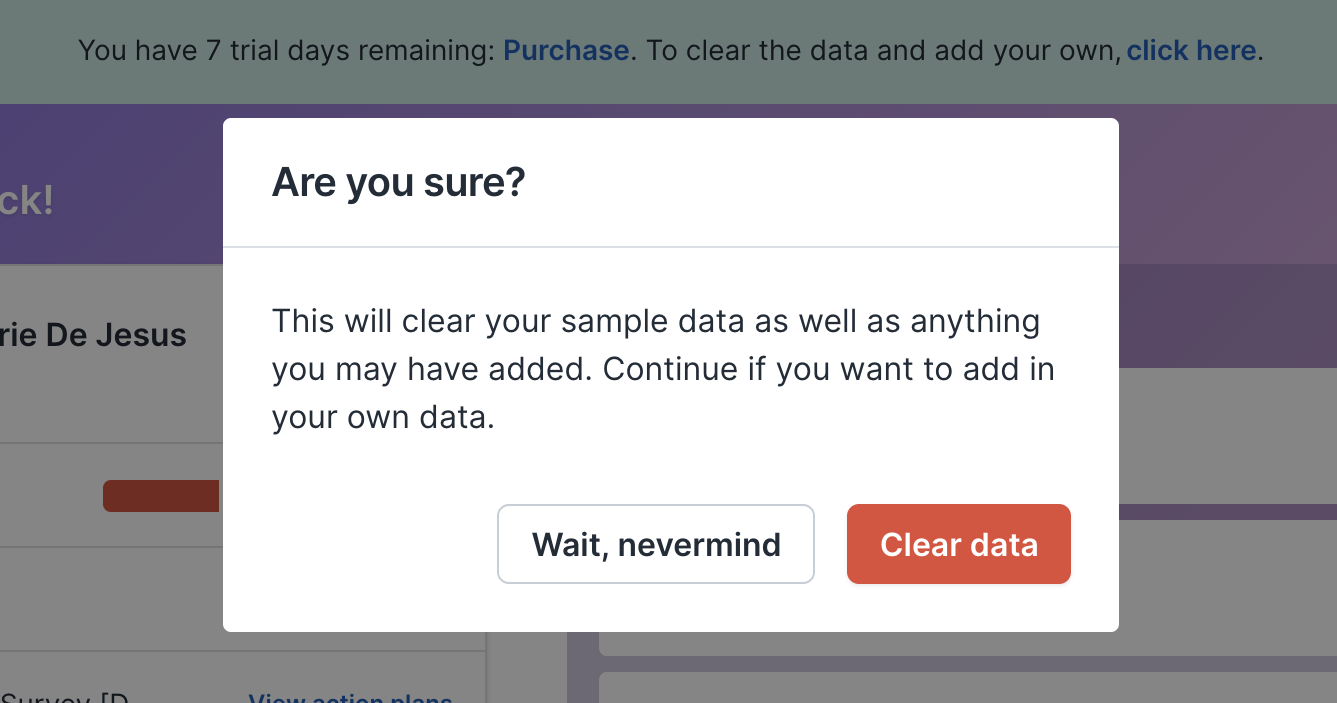 Screenshot of the modal to confirm clearing of data