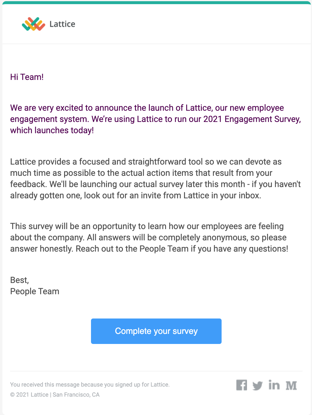 Image of an example Lattice launch email. The email contains the Lattice logo and has a button titled Complete Your Survey