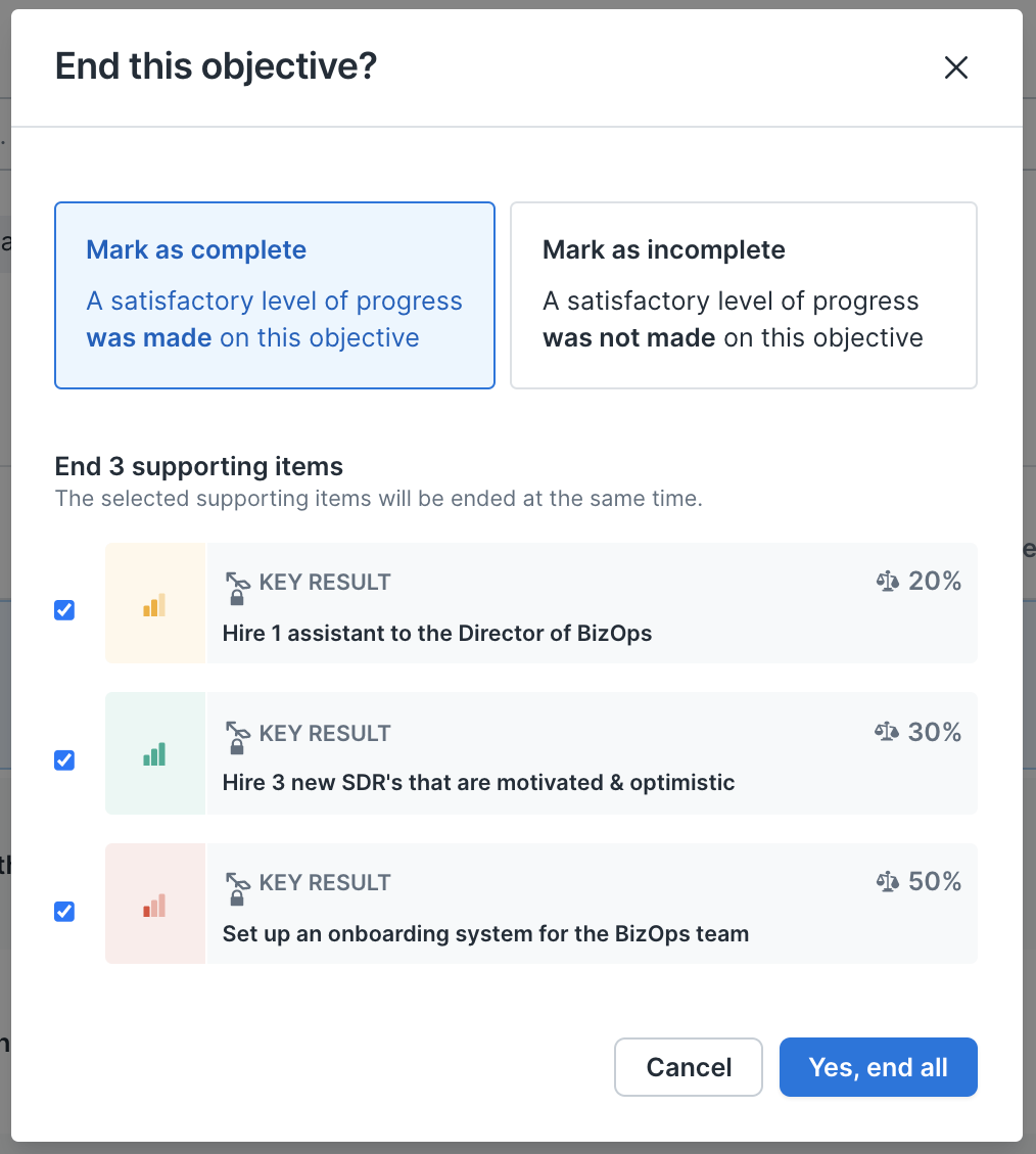 End Objective Modal. The options Mark as Complete and Mark as Incomplete can be seen at the top of the modal. Under End 3 supporting items, supporting goals are listed with checkboxes.