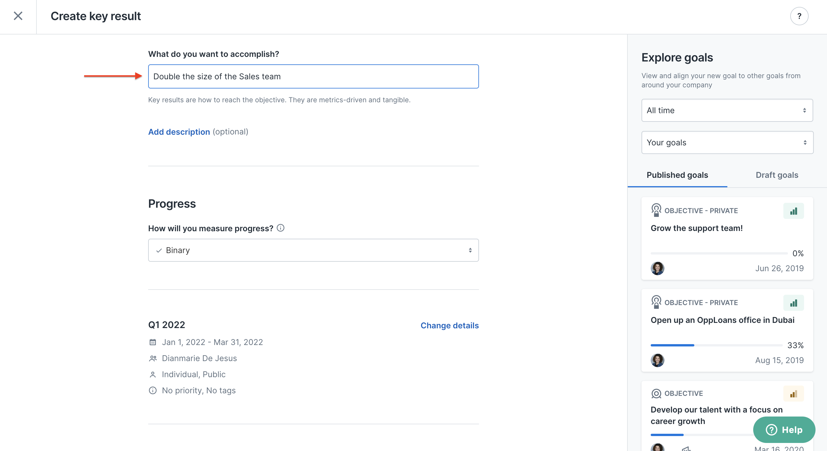 Goal creator page. An arrow points to the What Do You Want to Accomplish? field