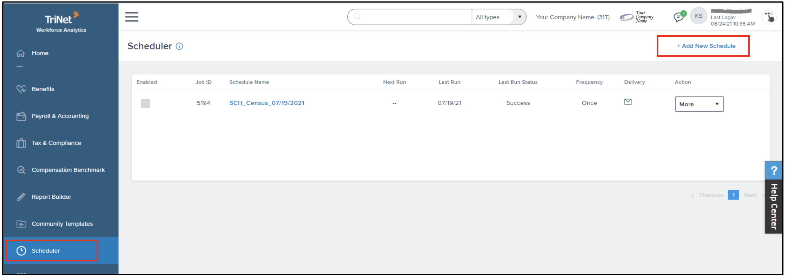 Screenshot of TriNet platform, highlighting buttons for Scheduler and Add New Schedule.