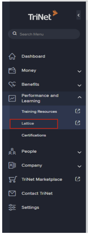 Image of TriNet's navigation bar with Lattice shown as an option under the Performance and Learning section