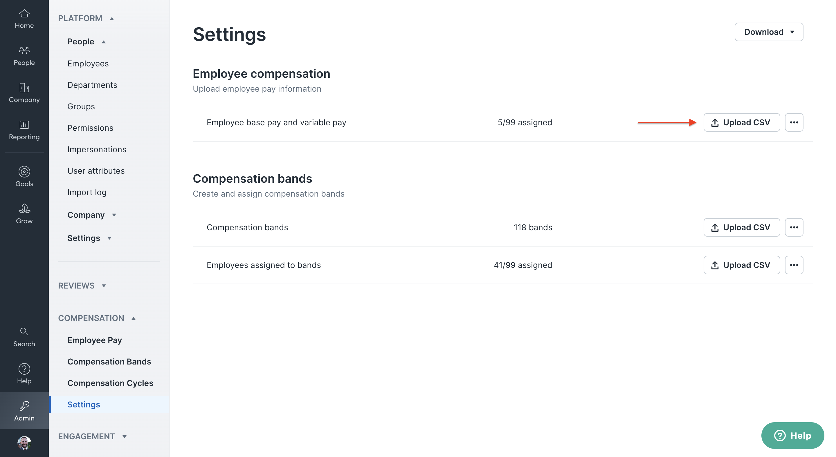 Image of Compensation Settings page with a red arrow highlighting the Upload CSV button