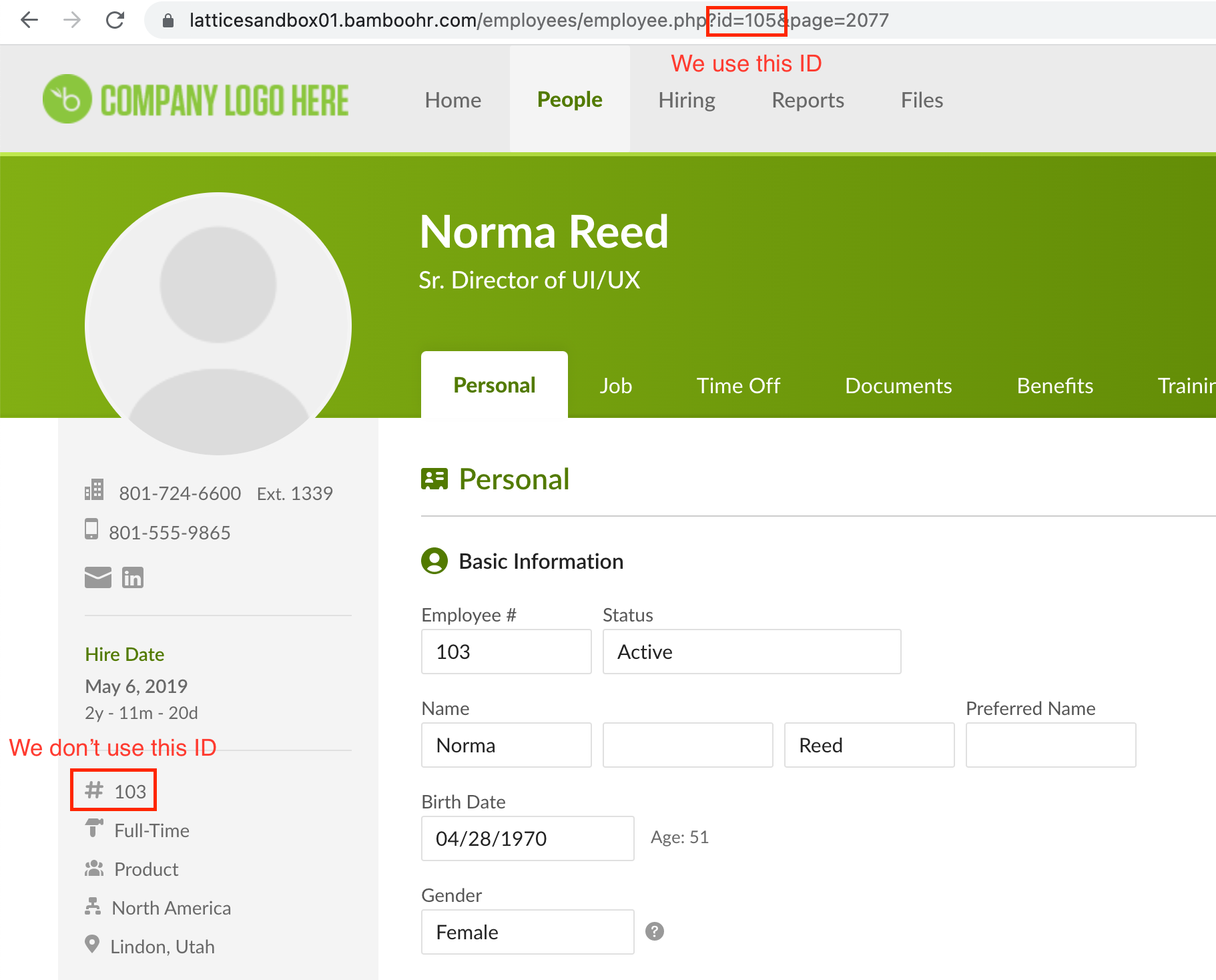 Image of BambooHR platform with a red, square box highlighting the ID in the URL and a note We use this ID.