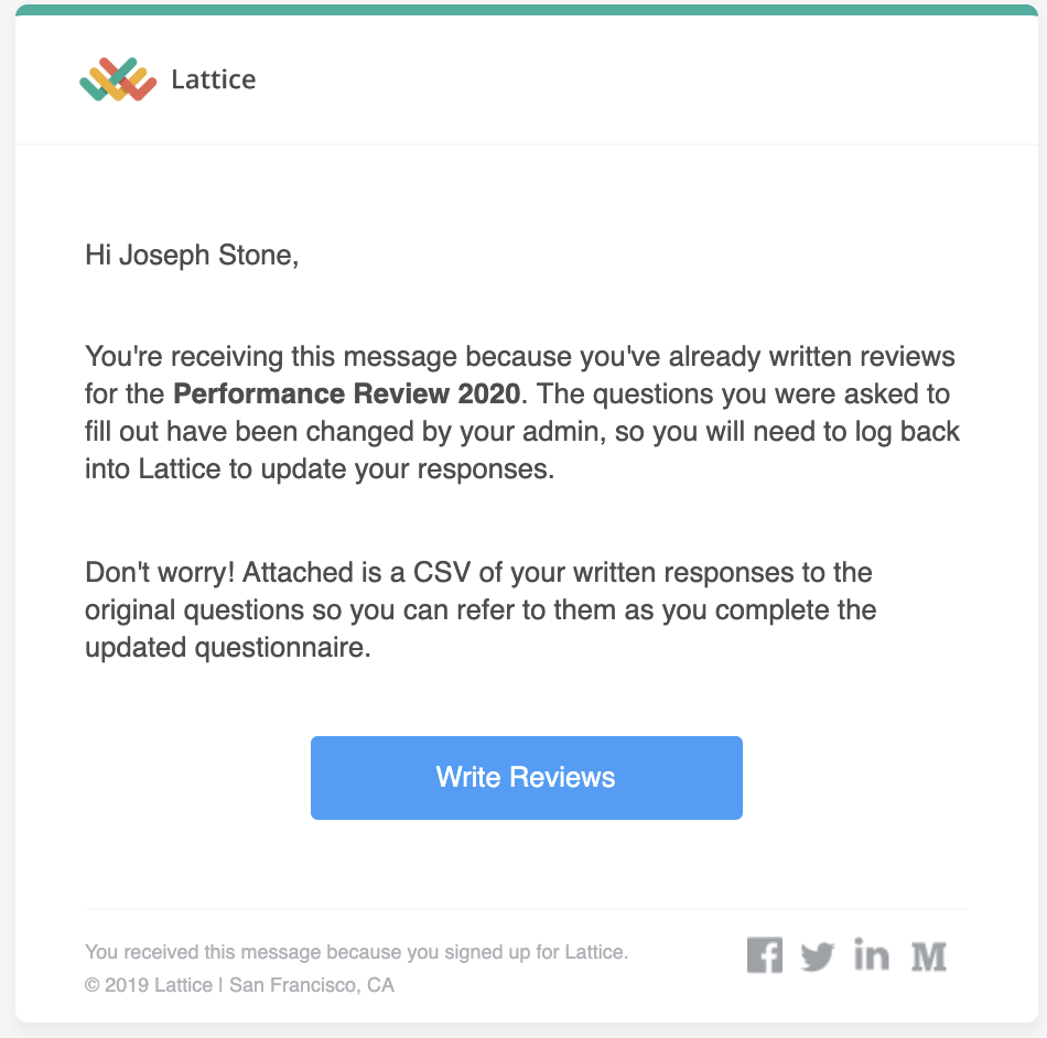 image of Lattice notification where the call to action button states Write Reviews