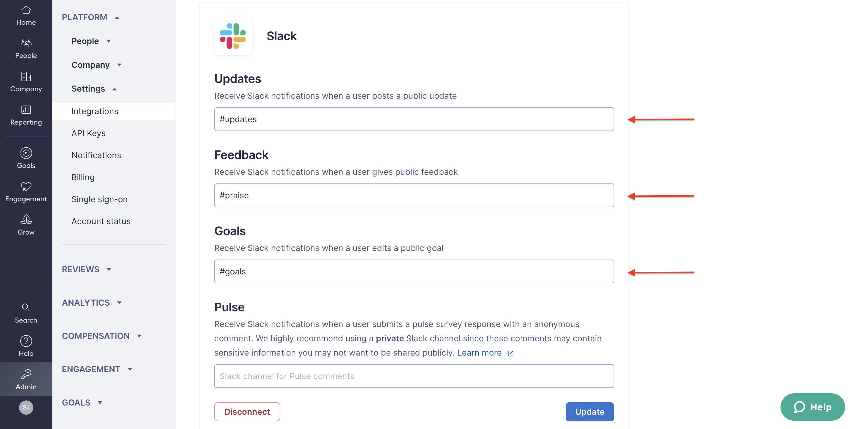 Image of Lattice's integrations page where three arrows are pointing to each text box field for Updates, Feedback, and Goals