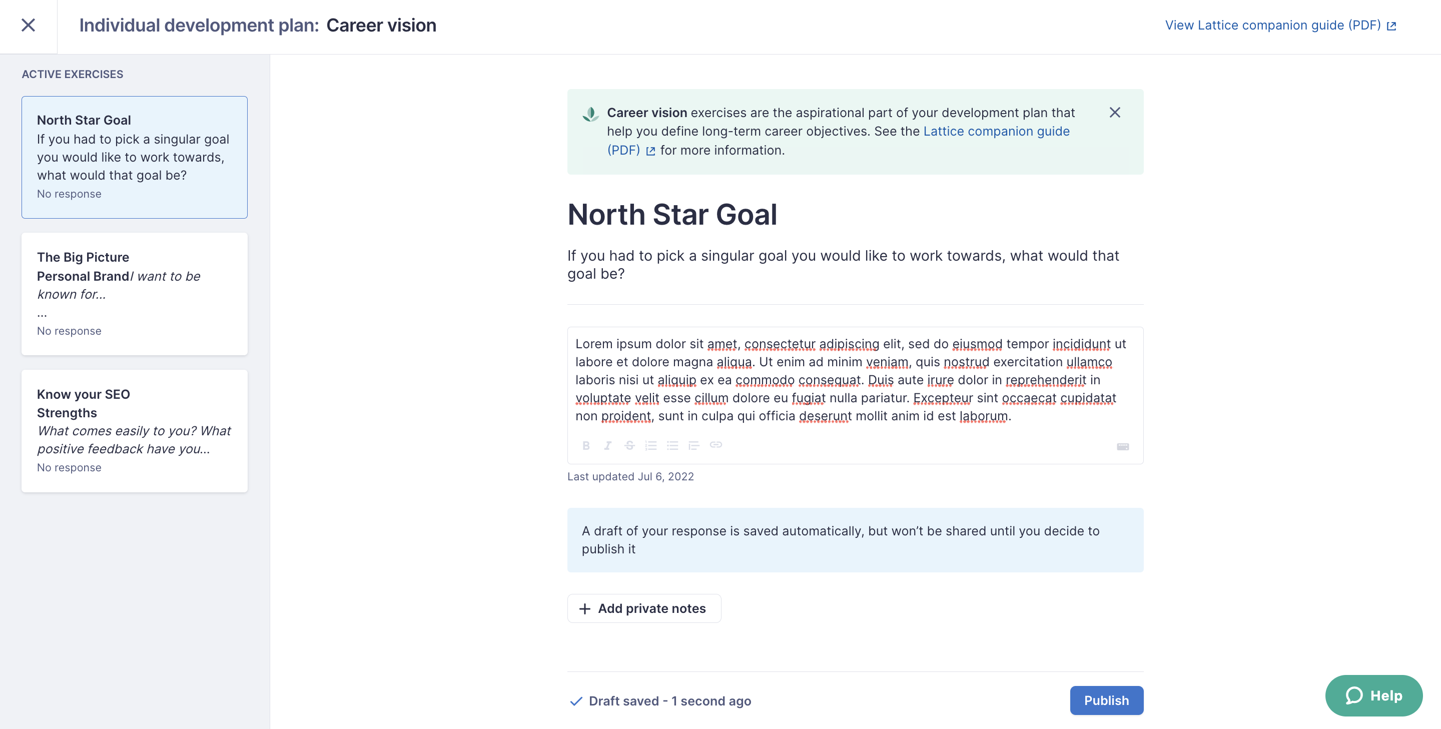 An example of an employee's response for the career vision North Star Goal. The page includes a text box, an option to add a private note, and a place to add comments.
