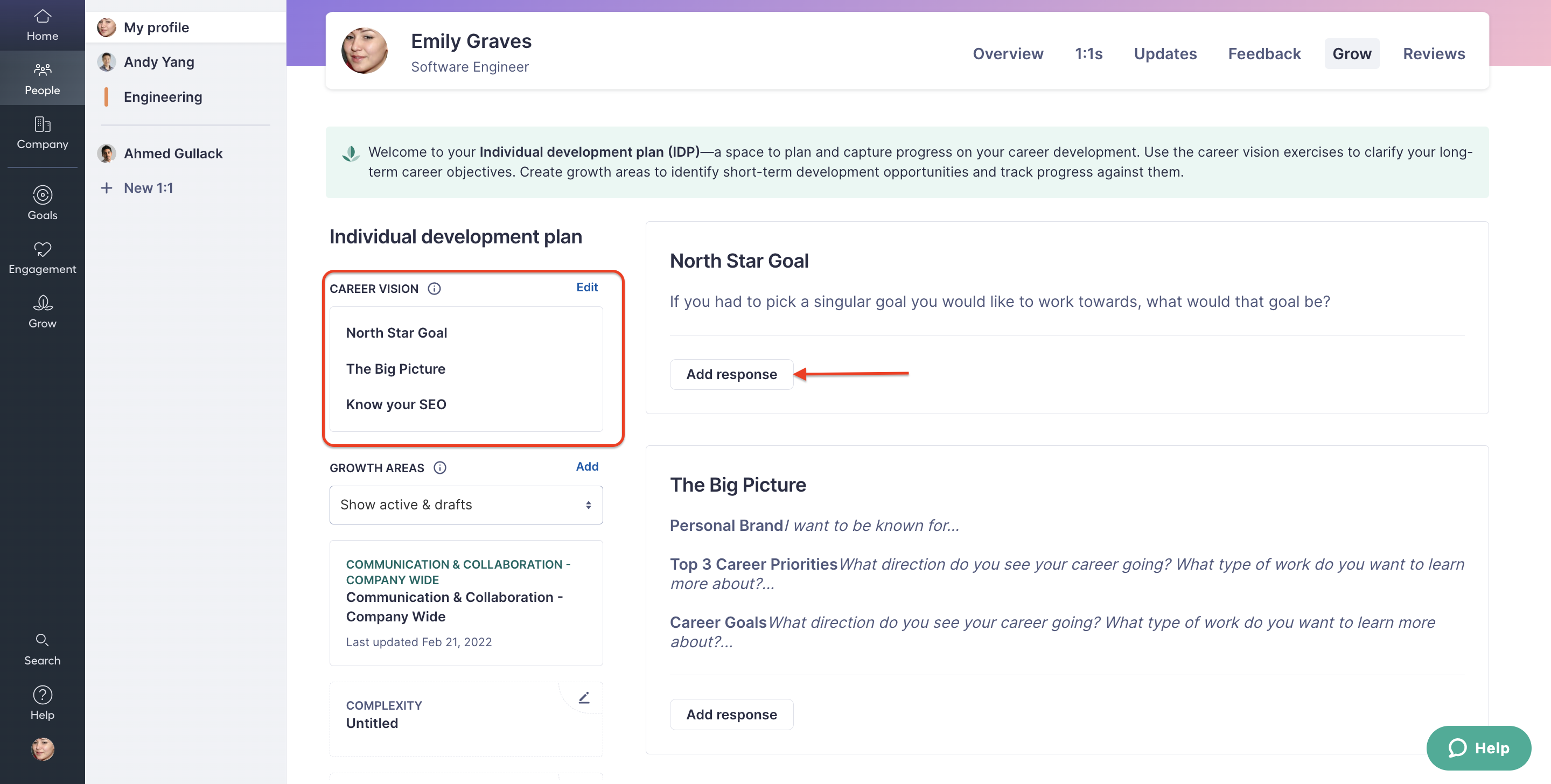 Employee's Individual Development Plan in the Grow page. A square highlights the Career Vision section. An arrow points to the Add response button under a career vision.