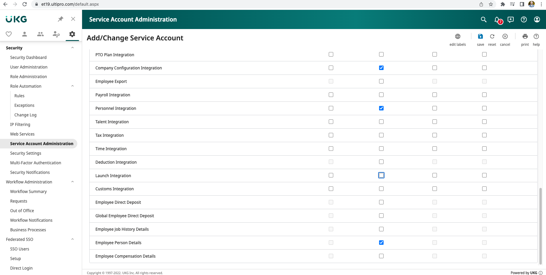 Screenshot of UKG Service Account Administration on Add/Change Service Account page. The page shows different permissions options with checkboxes.