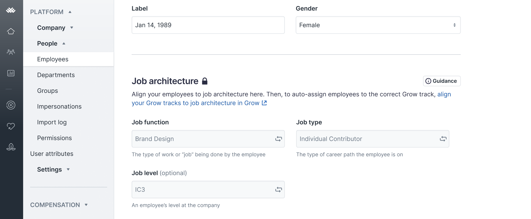 Image of Lattice Employee Profile with Job architecture attributes and values for the employee highlighted