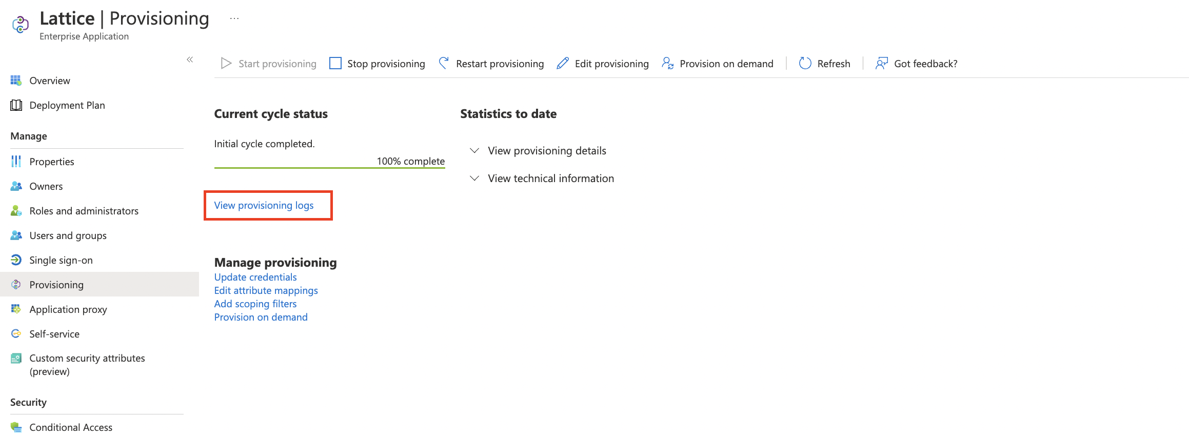 Image of Azure Provisioning page with a red square highlighting the View Provisioning Logs button