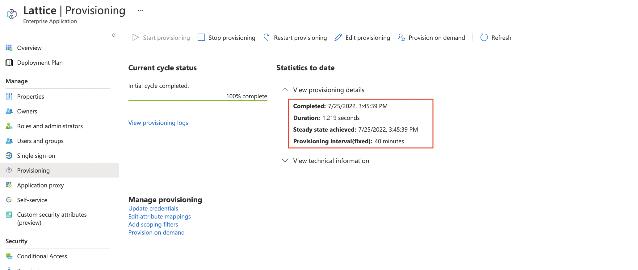 Image of Azure Provisioning page with a red square highlighting the provisioning details