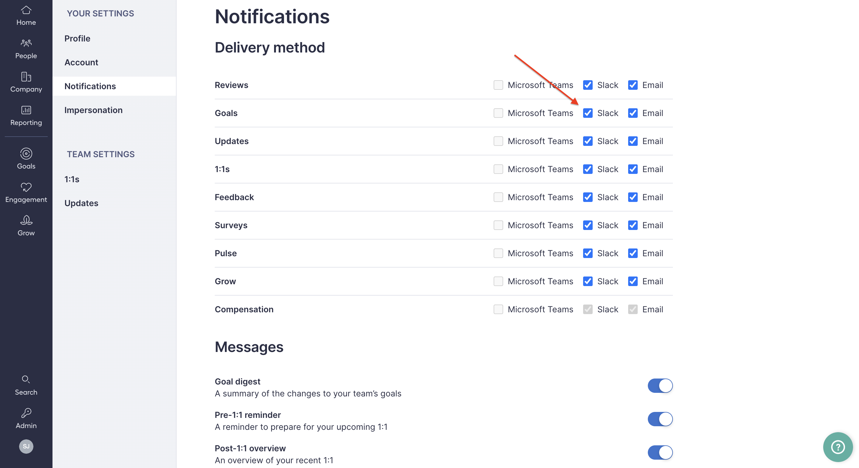 Image of Lattice Notification center where a red arrow highlights the Goals Slack notifications checkbox