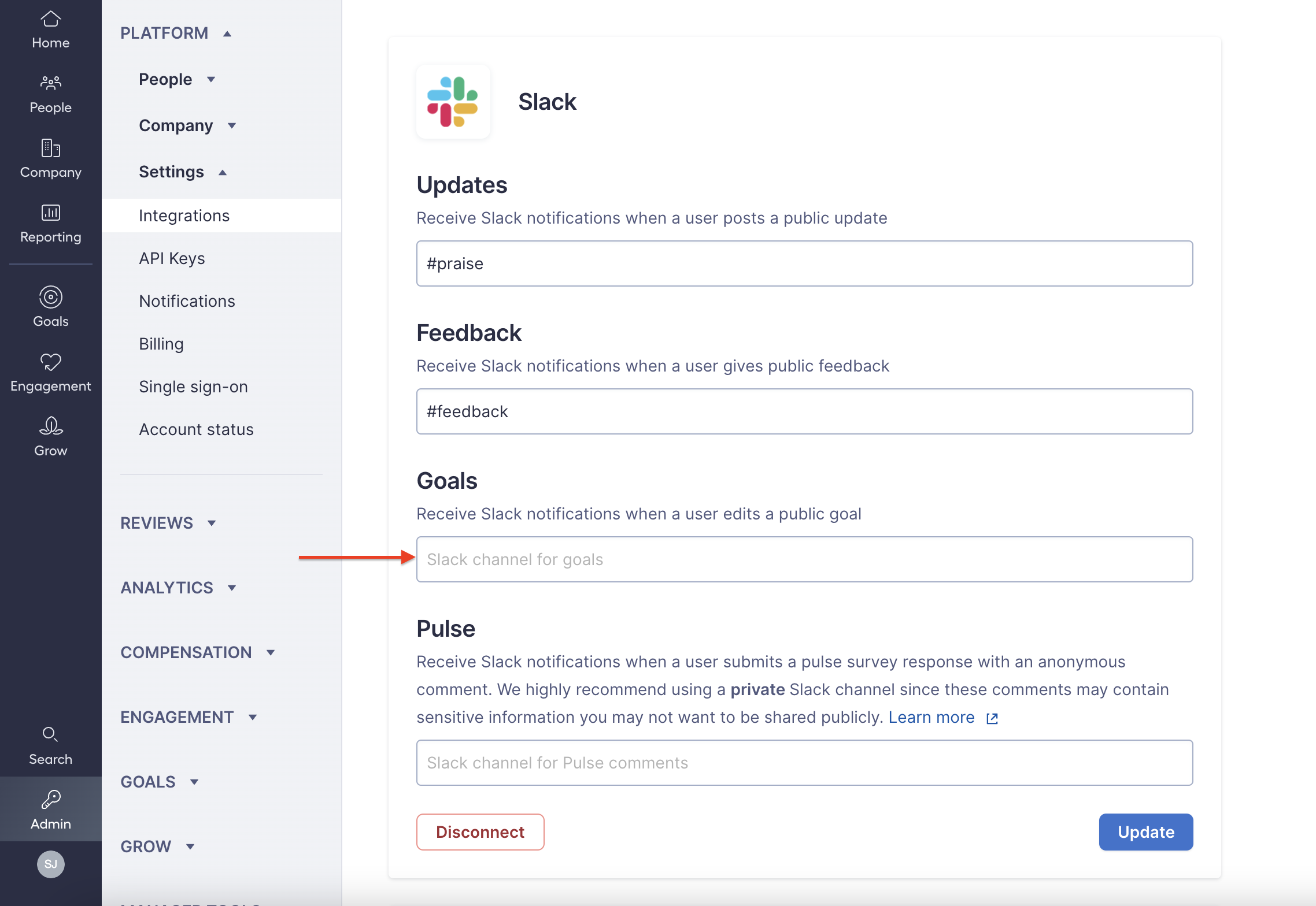 Image of Lattice Slack settings where a red arrow highlights the Goals Slack channel field