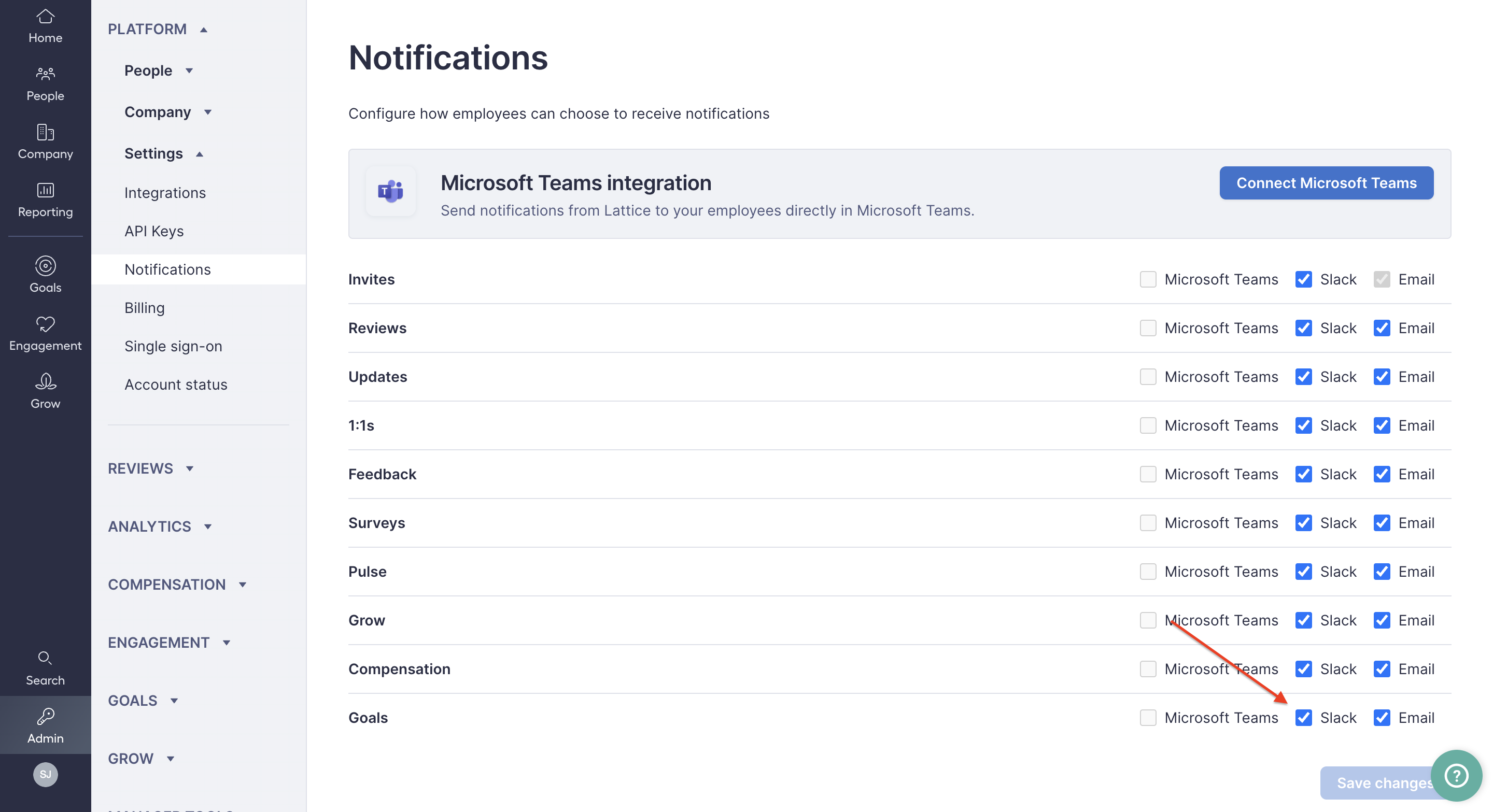 Image of Lattice Notification center where a red arrow highlights the Goals Slack notification checkbox