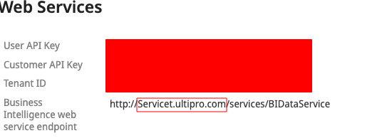 Screenshot of UKG Web Services page. It shows Business Intelligence Web Service Endpoint URL is http://Servicet.ultipro.com/services/BIDataService, with a red box highlighting only Servicet.ultipro.com.