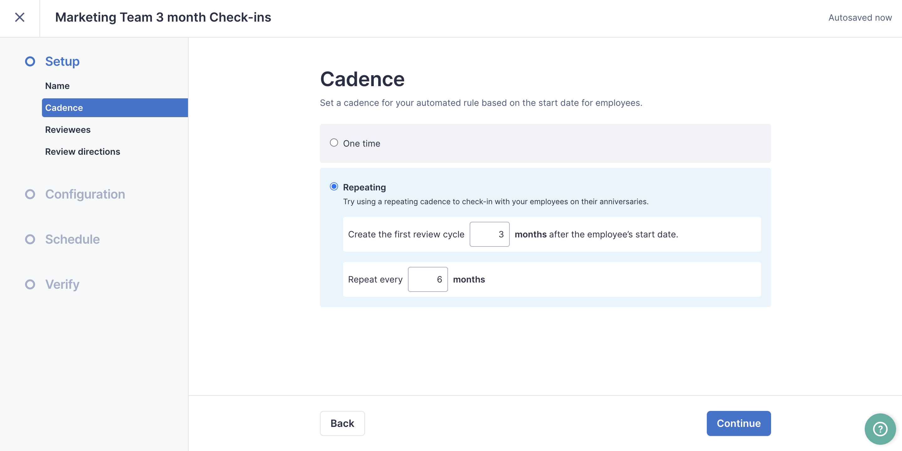 Image of the Automated Rules settings within the Cadence page with the Recurring option selected
