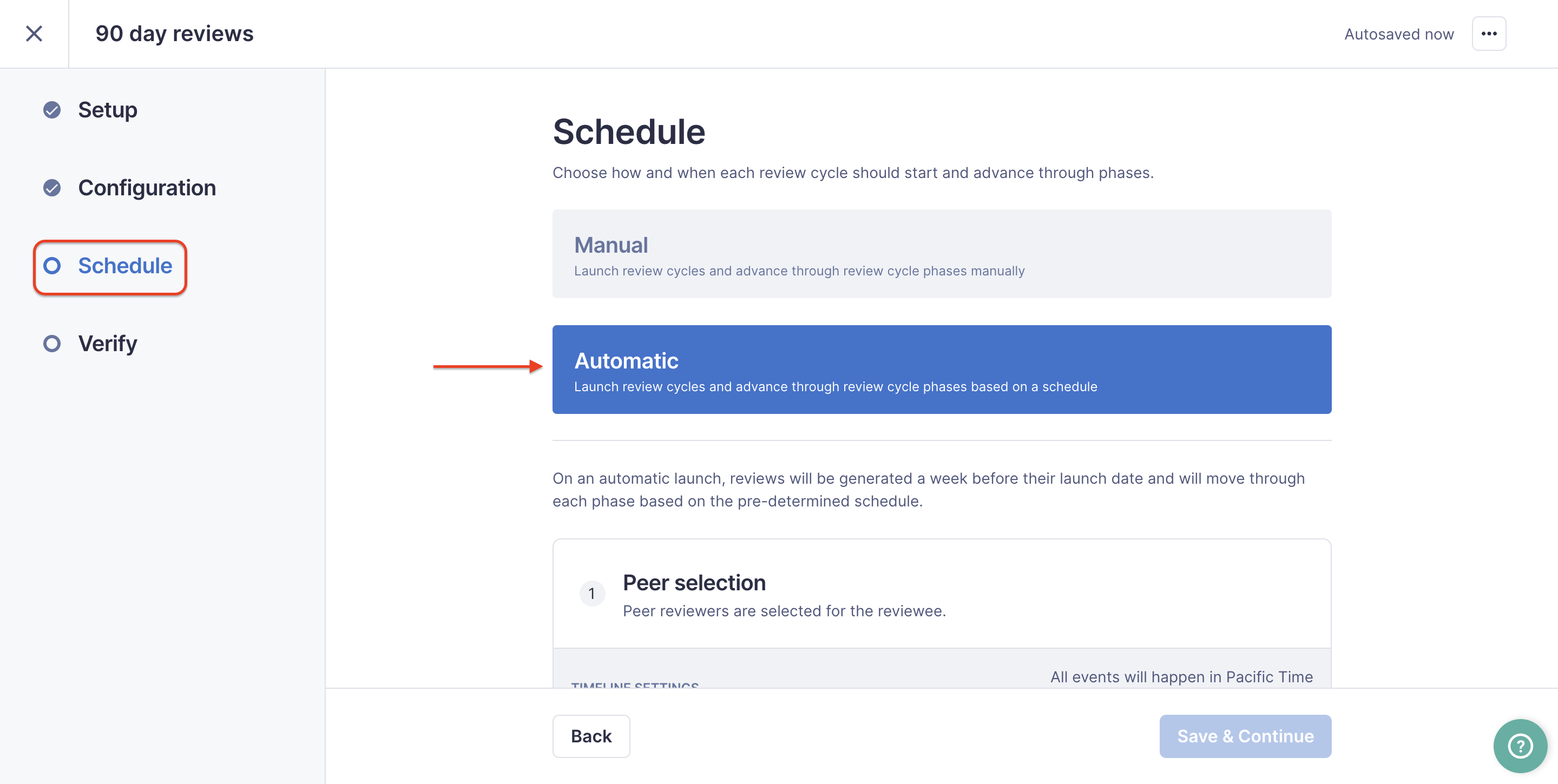 Image of the Automated Rules setup Schedule page with a square highlightging the Schedule section and an arrow highlighting the Automatic option
