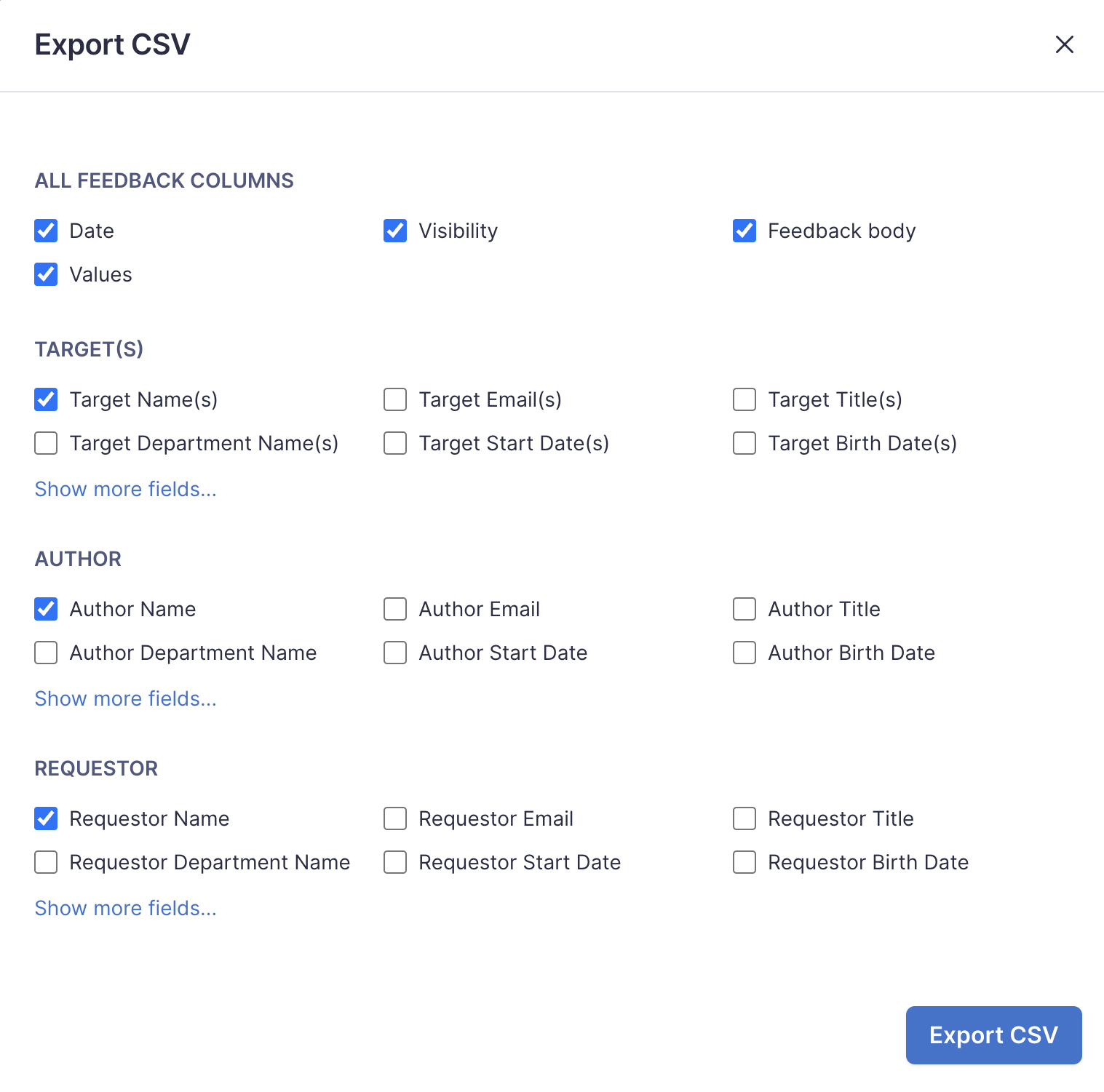 Image of the Export CSV Feedback modal