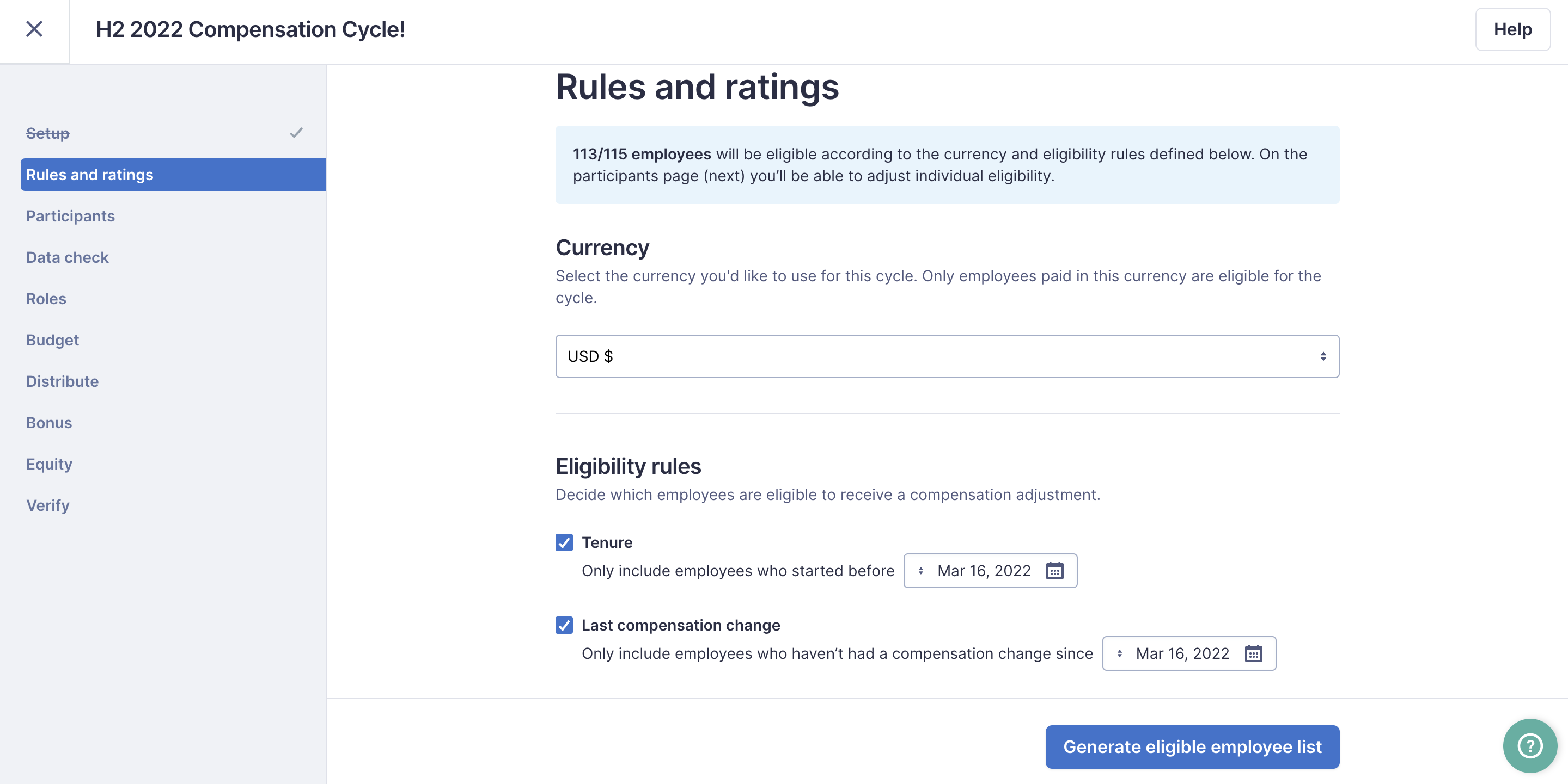 Image of Compensation Cycle Rules and Ratings page
