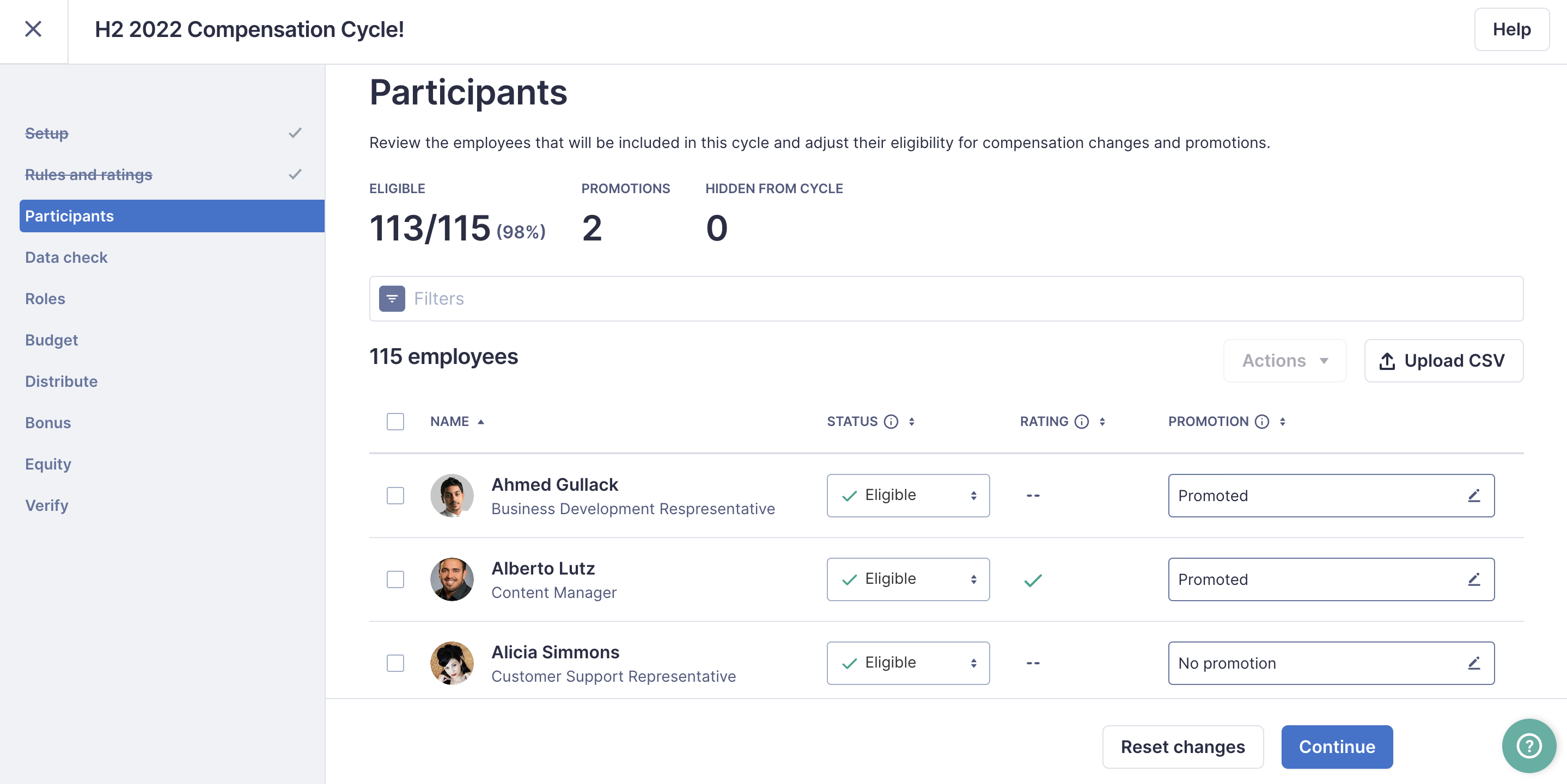 Image of Participants page in the Compensation setup