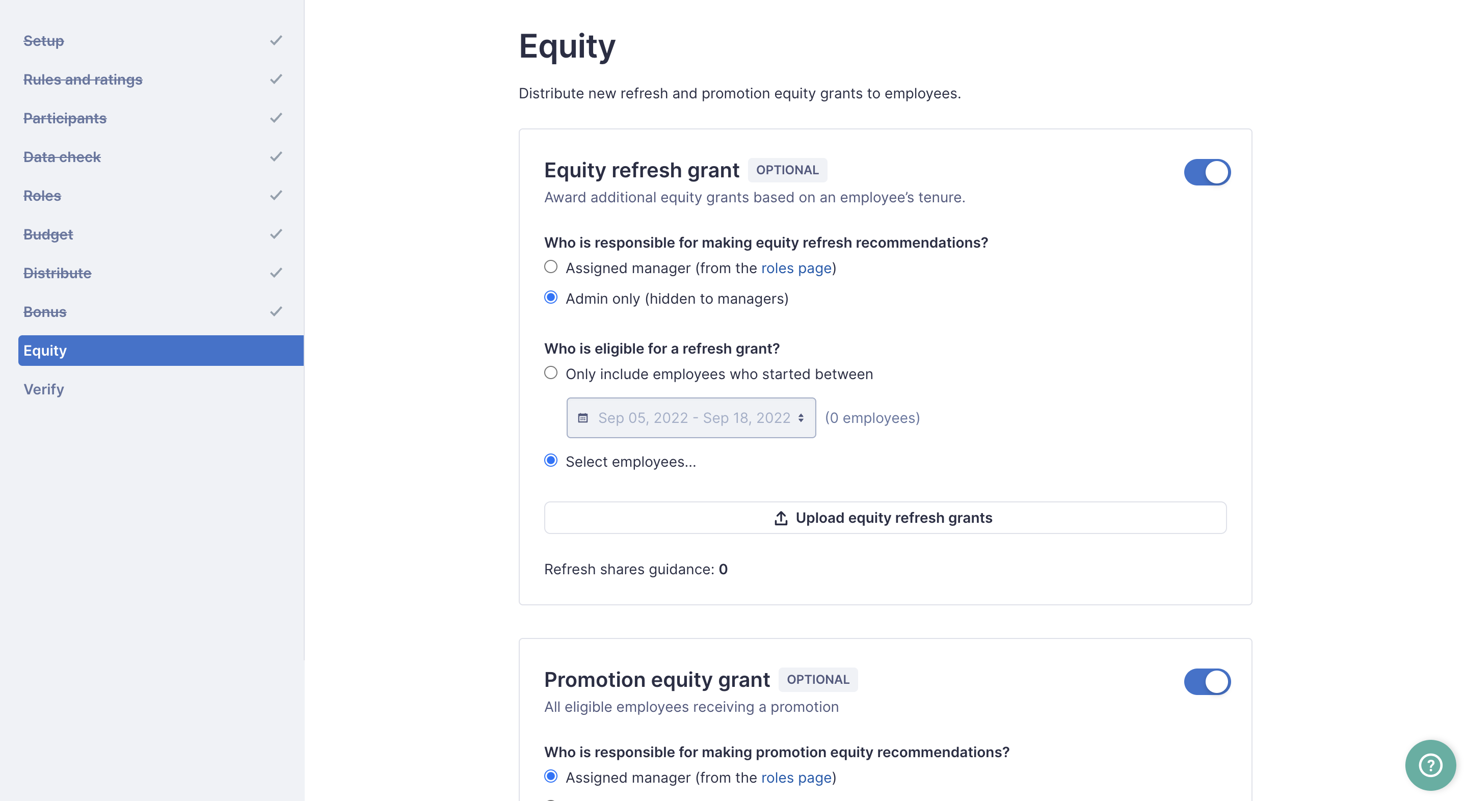 Image of Equity page in the compensation cycle setup