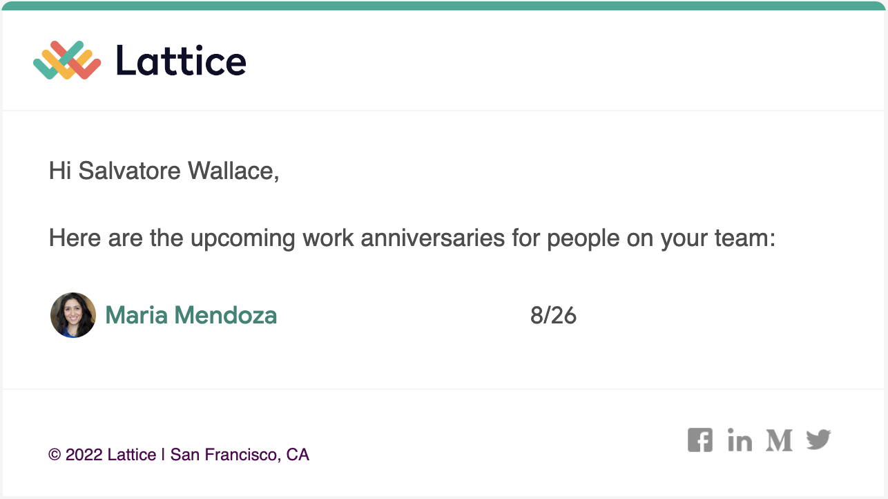Image of work anniversaries email notification