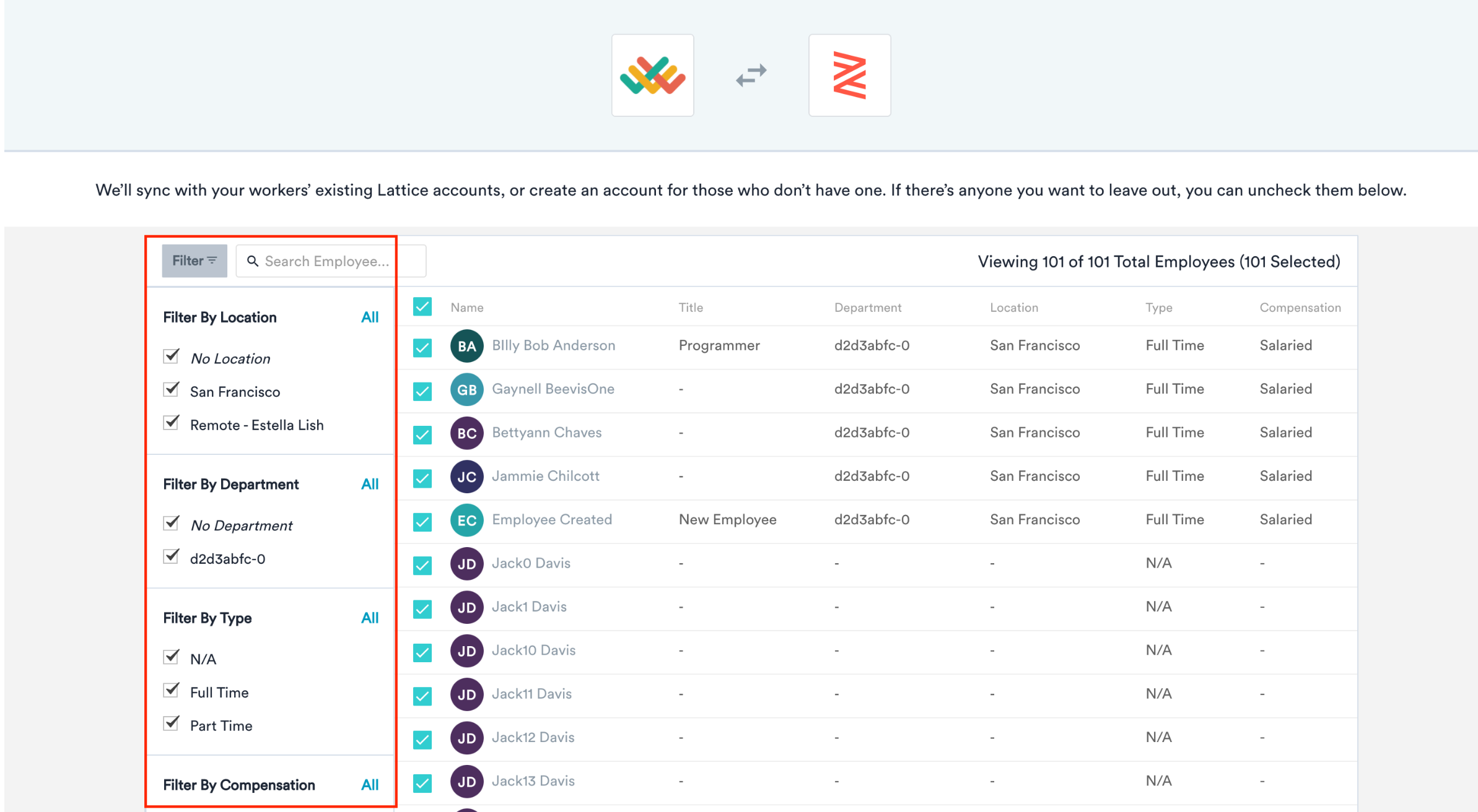 Screenshot in Zenefits when initially connecting from Lattice